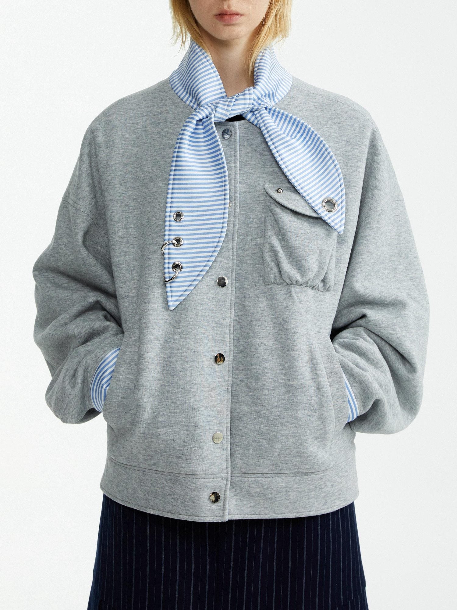 YOSHUYUKI Stretch Lightweight Loose Fit Street Style Round Neck Button Front Gray Jacket