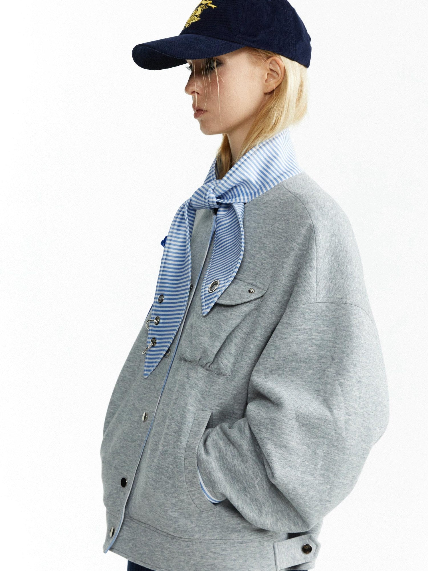 YOSHUYUKI Stretch Lightweight Loose Fit Street Style Round Neck Button Front Gray Jacket