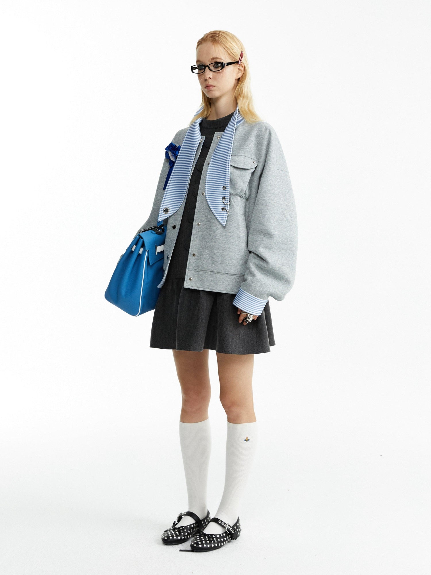 YOSHUYUKI Stretch Lightweight Loose Fit Street Style Round Neck Button Front Gray Jacket