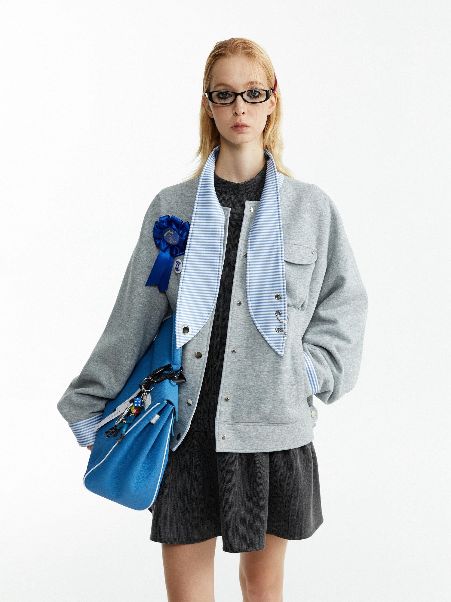 YOSHUYUKI Stretch Lightweight Loose Fit Street Style Round Neck Button Front Gray Jacket