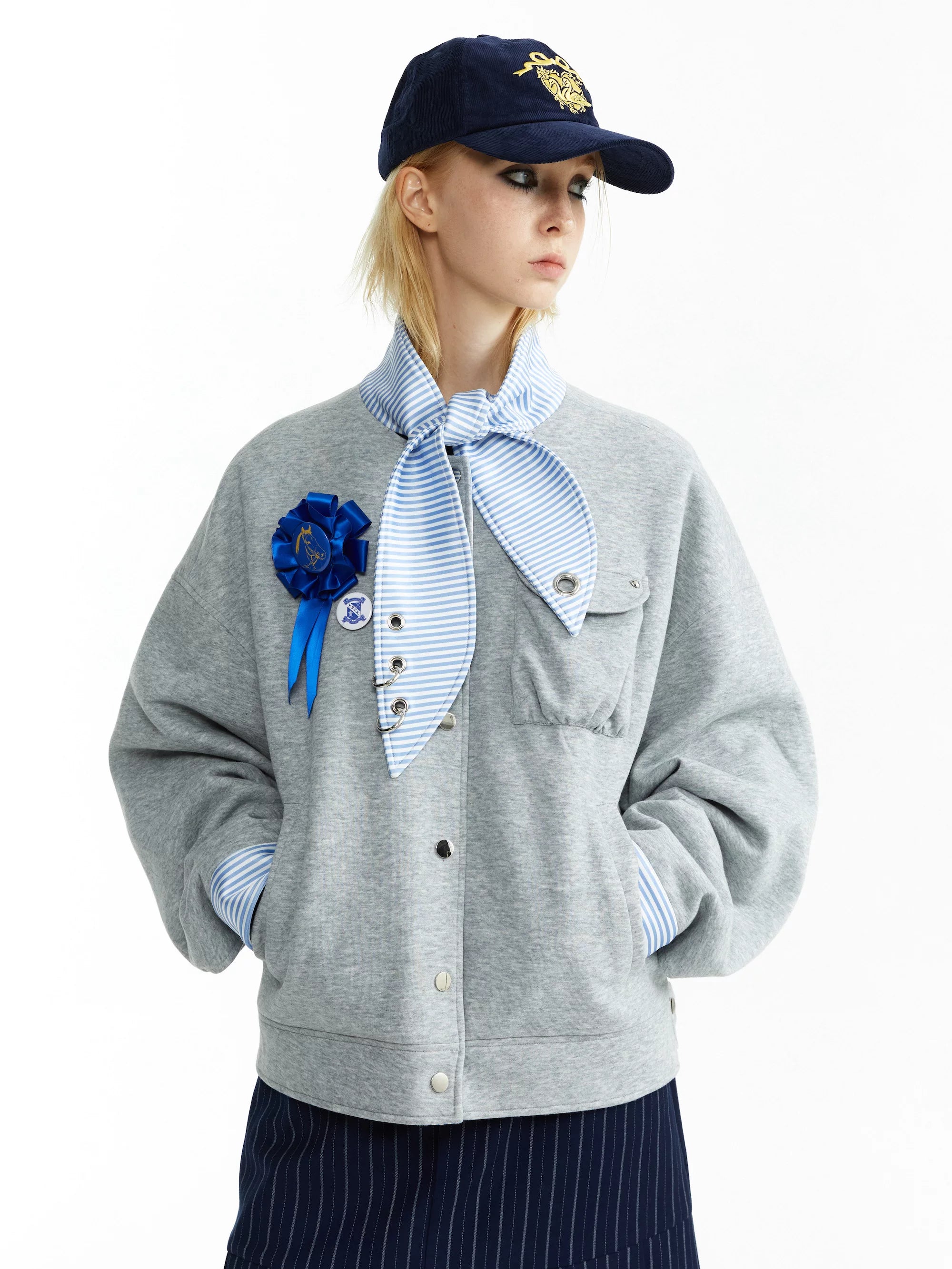 YOSHUYUKI Stretch Lightweight Loose Fit Street Style Round Neck Button Front Gray Jacket-1