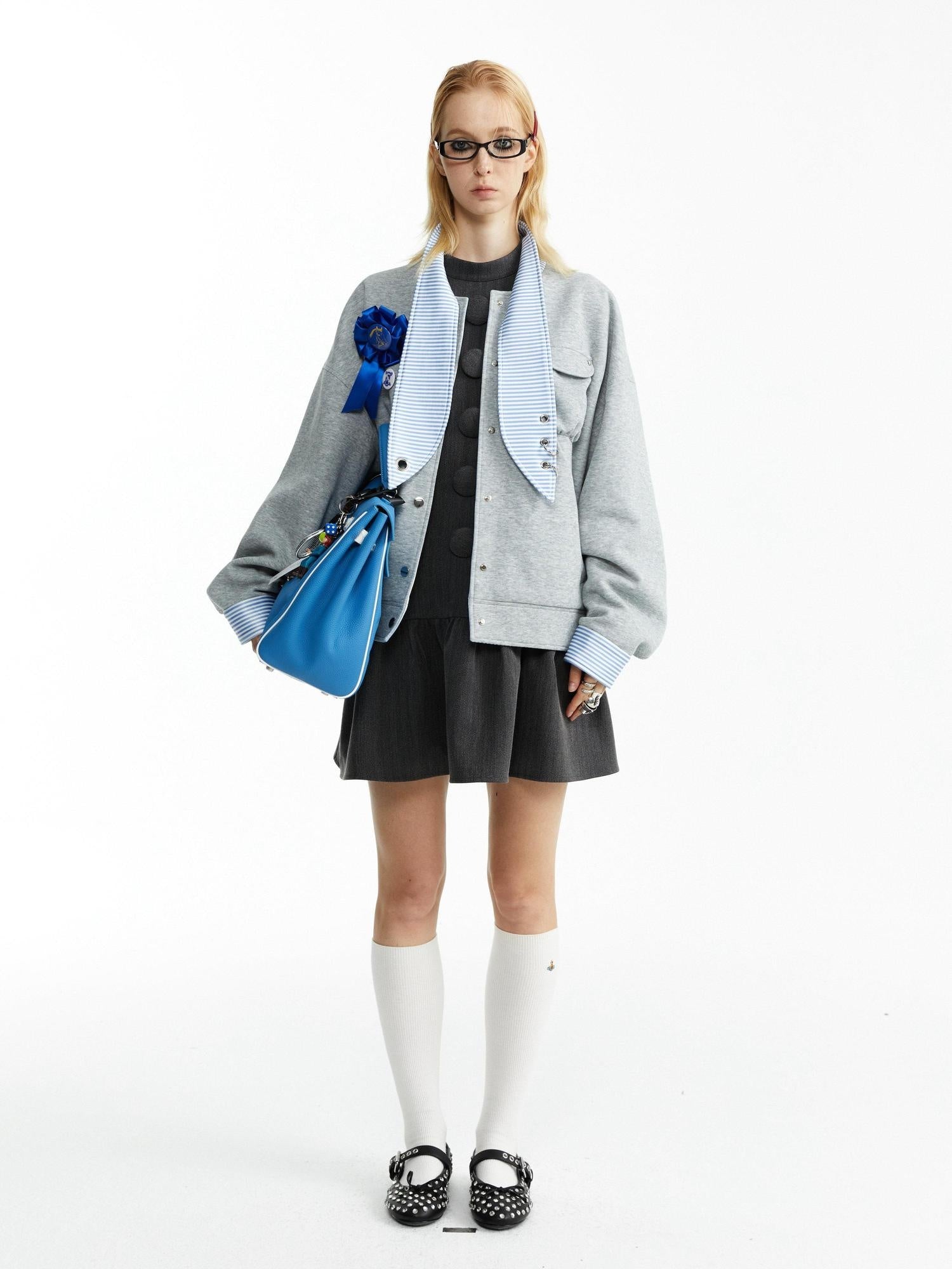 YOSHUYUKI Stretch Lightweight Loose Fit Street Style Round Neck Button Front Gray Jacket