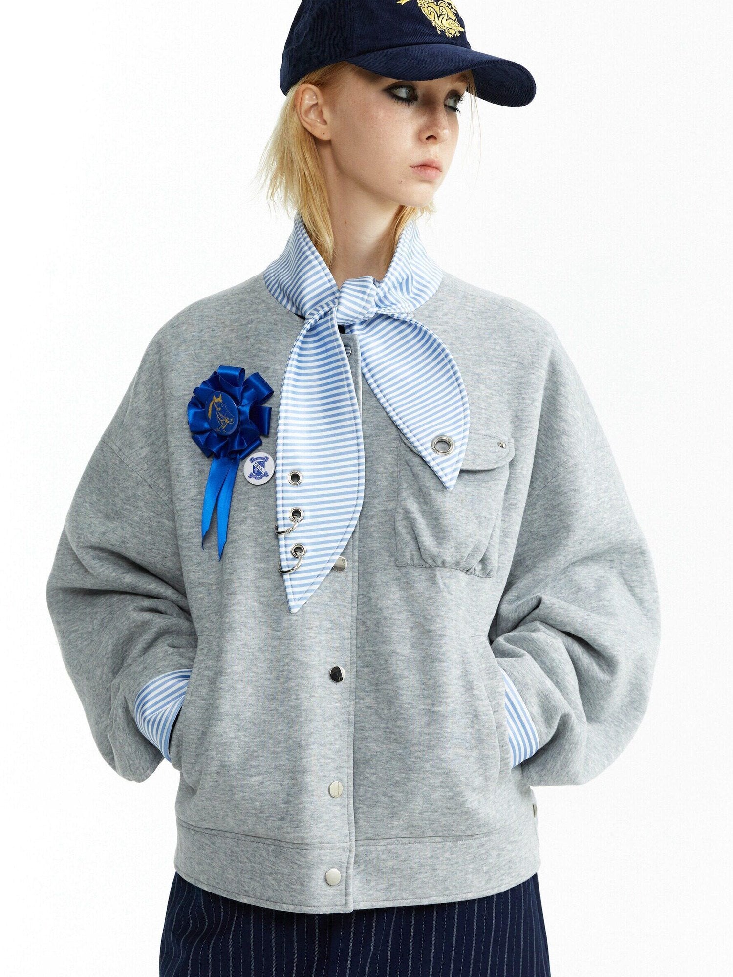 YOSHUYUKI Stretch Lightweight Loose Fit Street Style Round Neck Button Front Gray Jacket