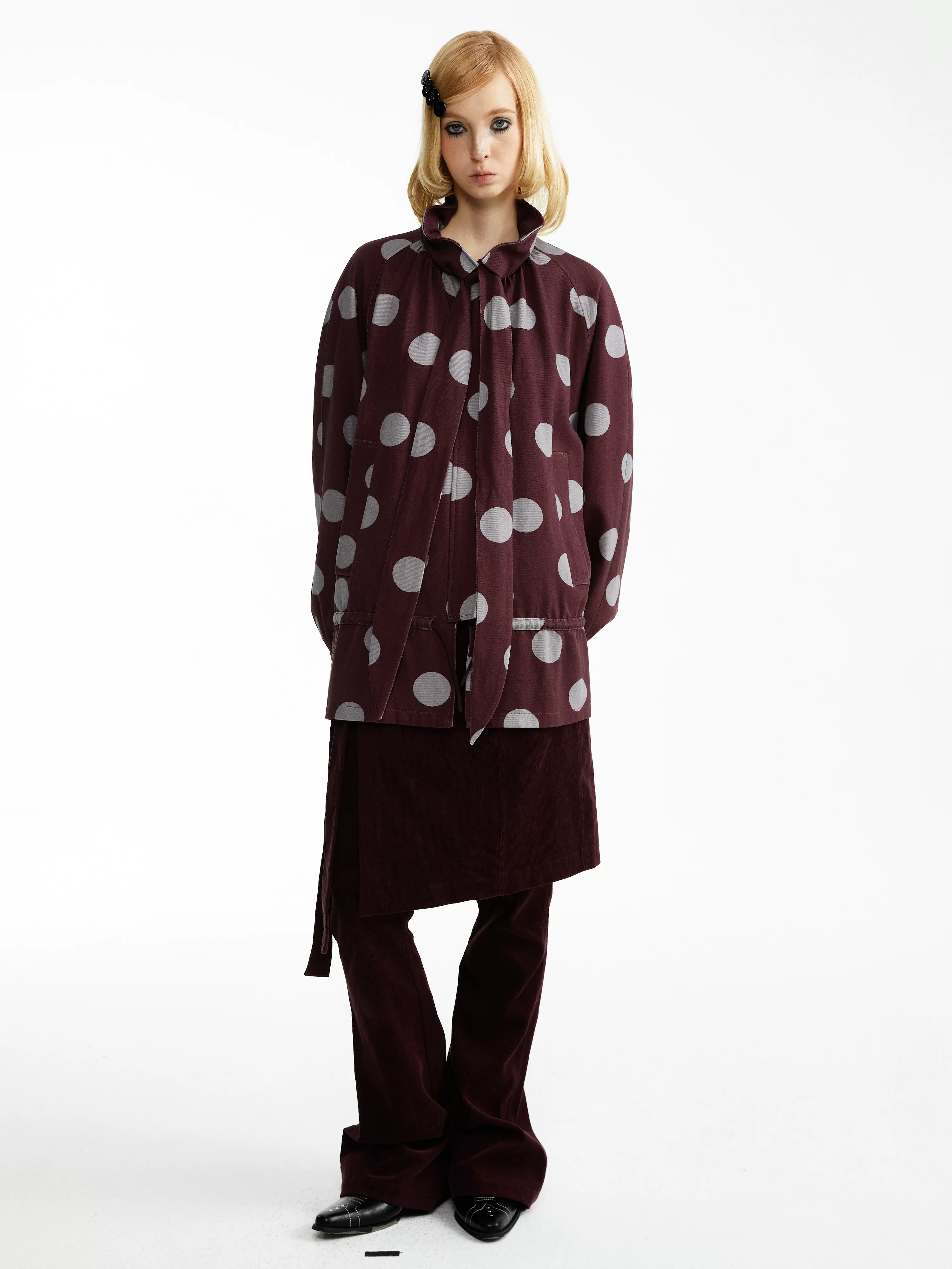 YOSHUYUKI Tencel Cotton Relaxed Fit Hooded Unisex Polka Dot Zip Jacket-5