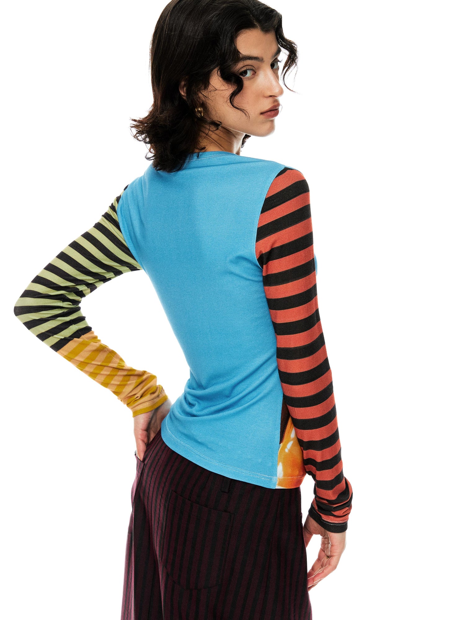 YOSHUYUKI Tiger Girl Print Striped Sleeve Round Neck Tee