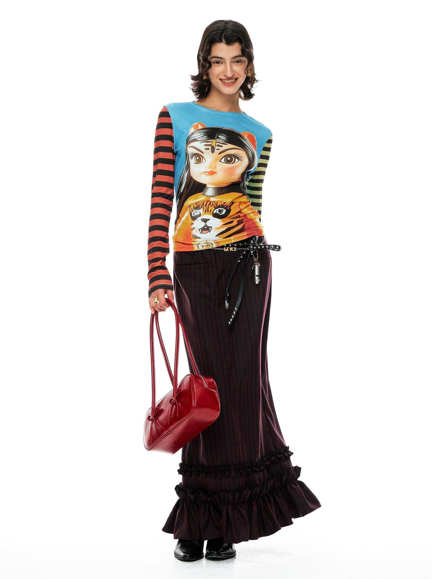 YOSHUYUKI Tiger Girl Print Striped Sleeve Round Neck Tee