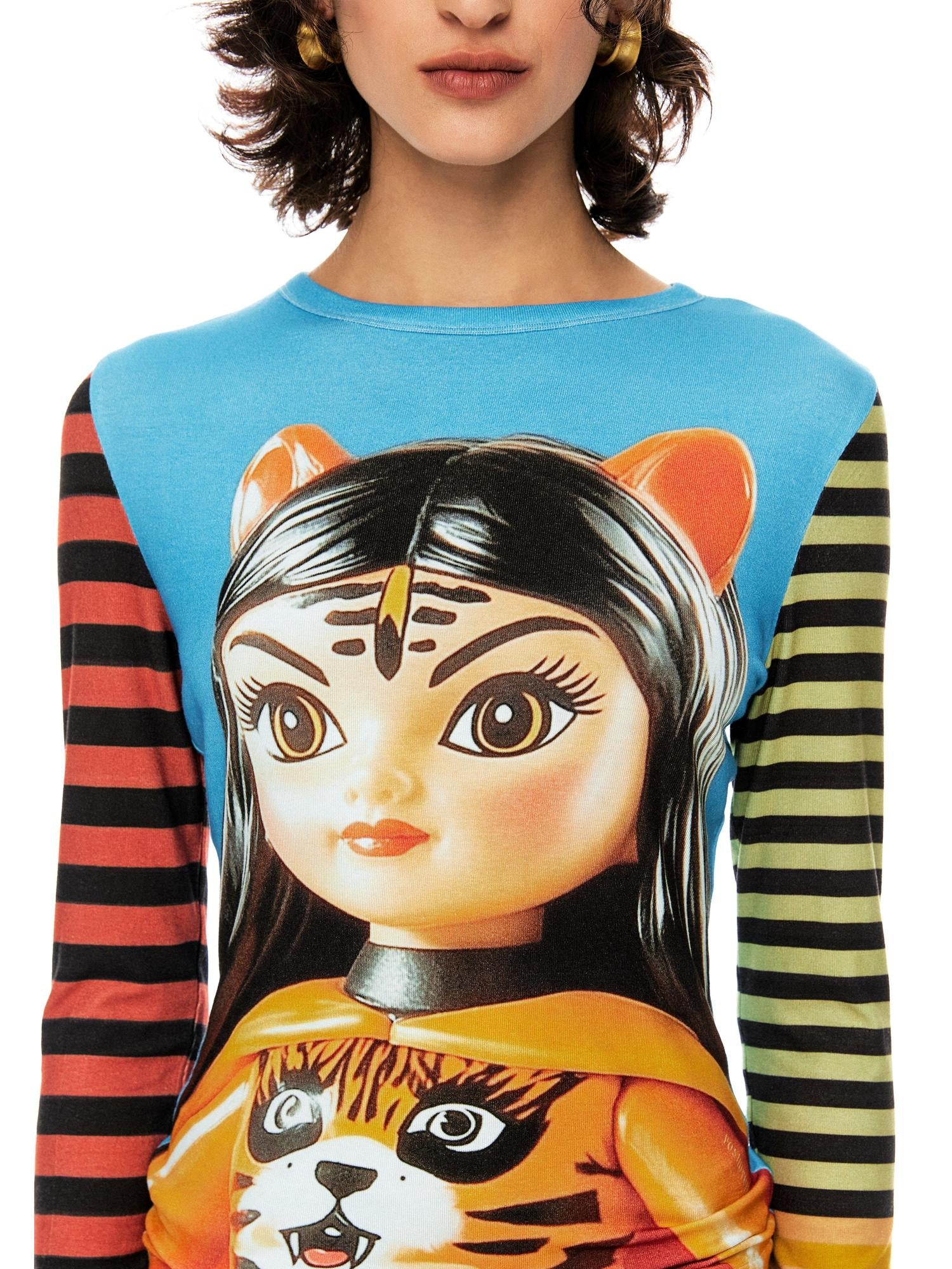 YOSHUYUKI Tiger Girl Print Striped Sleeve Round Neck Tee