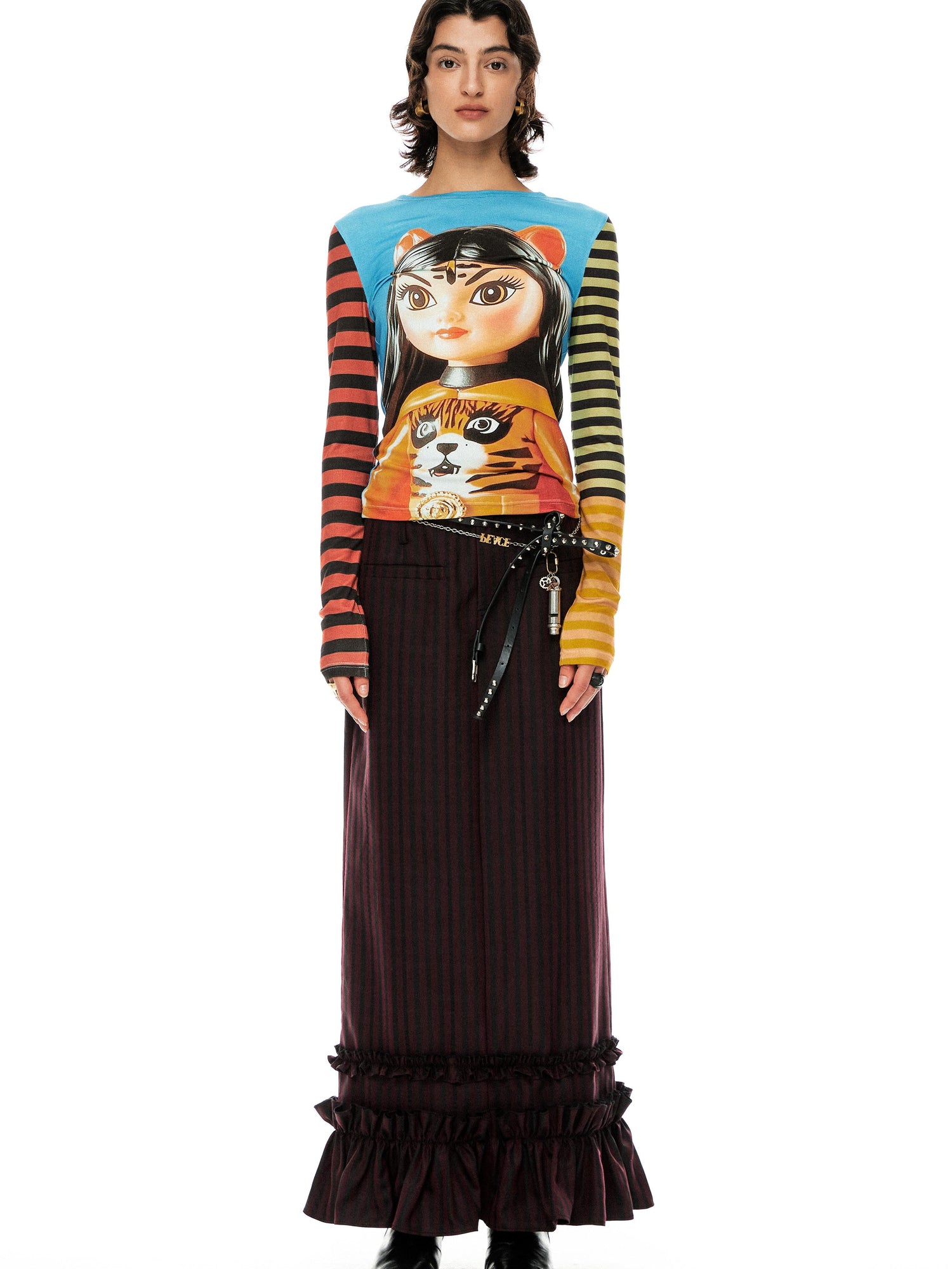 YOSHUYUKI Tiger Girl Print Striped Sleeve Round Neck Tee