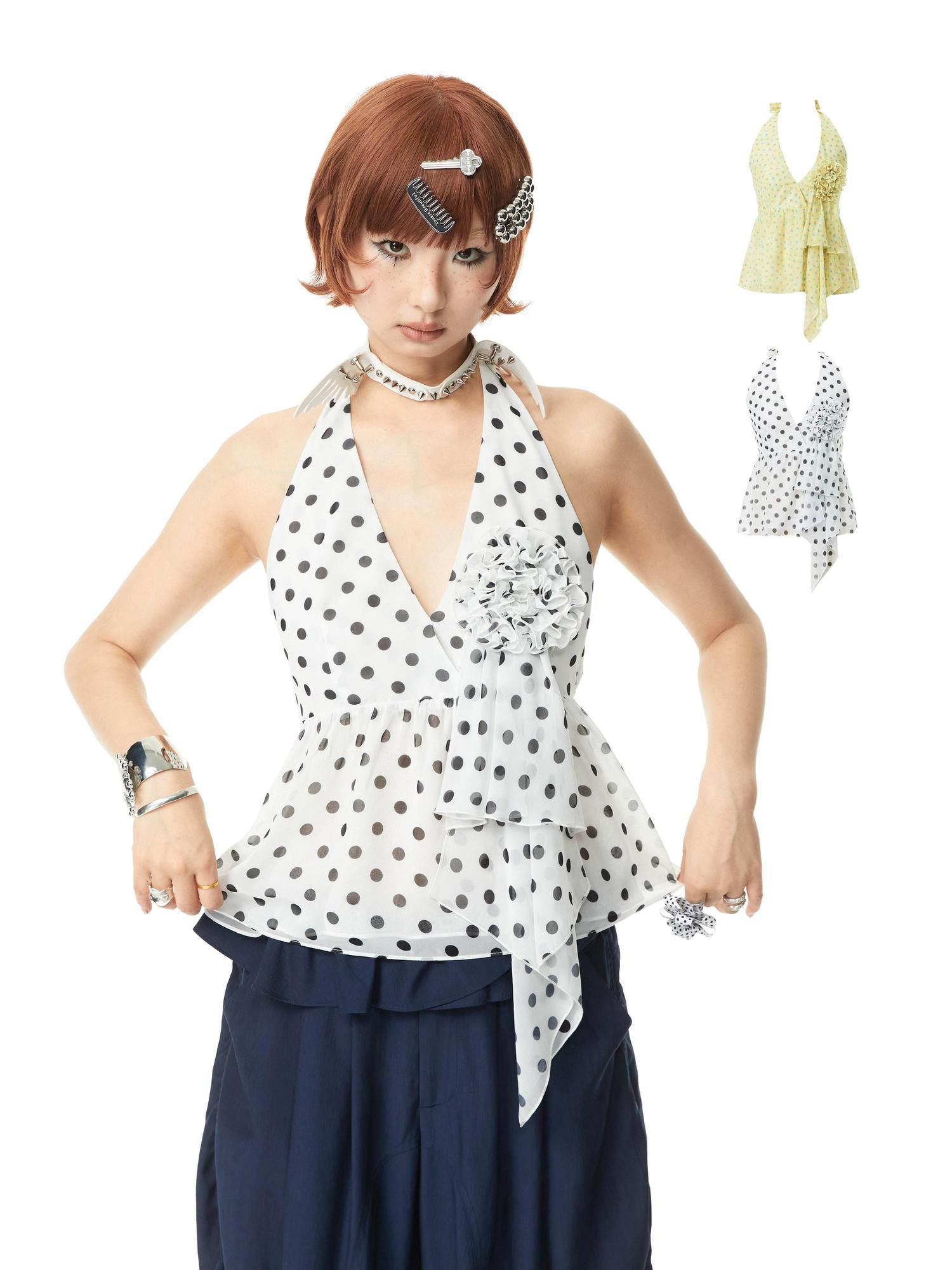 YOSHUYUKI V-Neck Polka Dot Chiffon Halter Top With Floral Lace