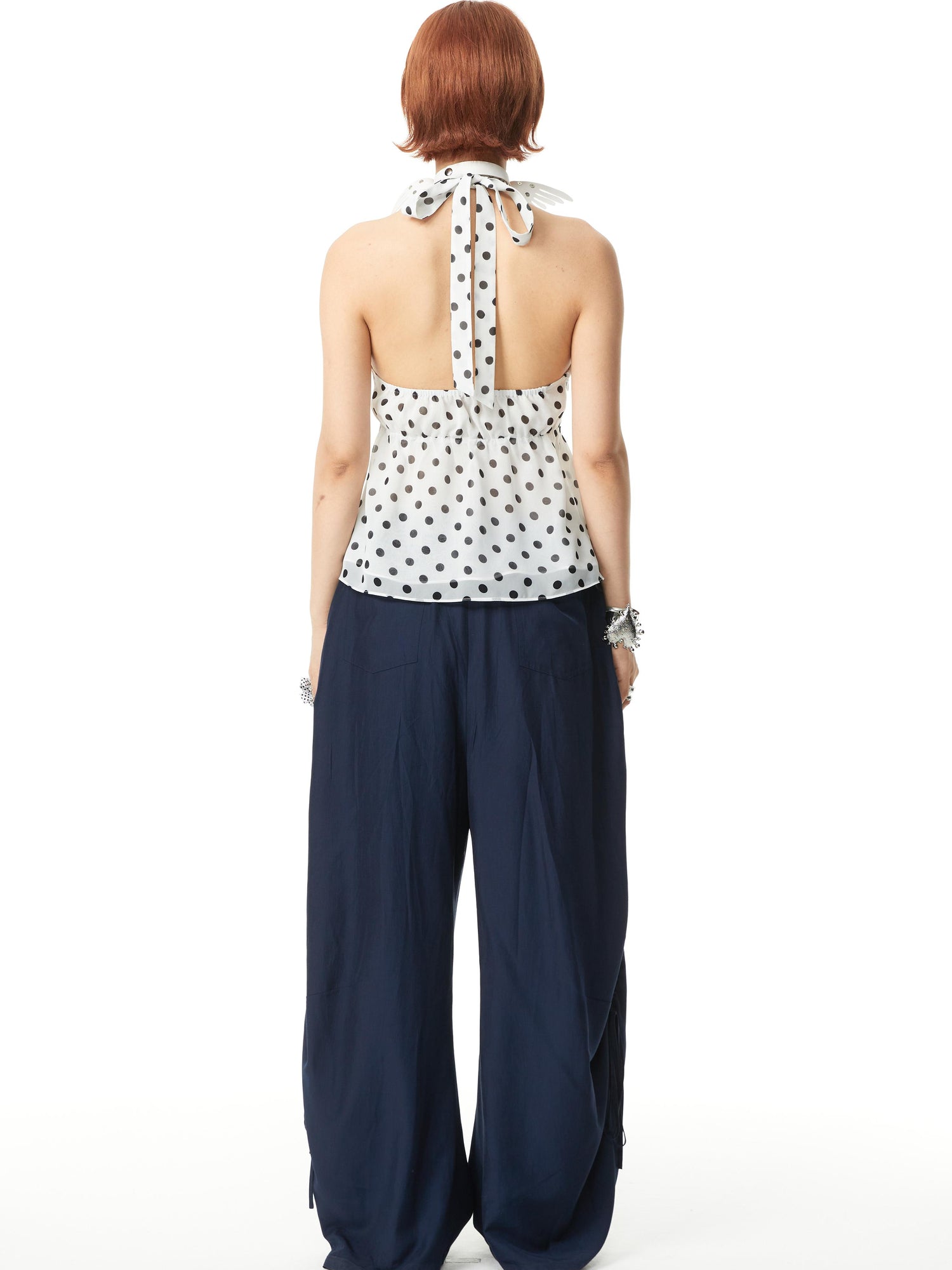 YOSHUYUKI V-Neck Polka Dot Chiffon Halter Top With Floral Lace