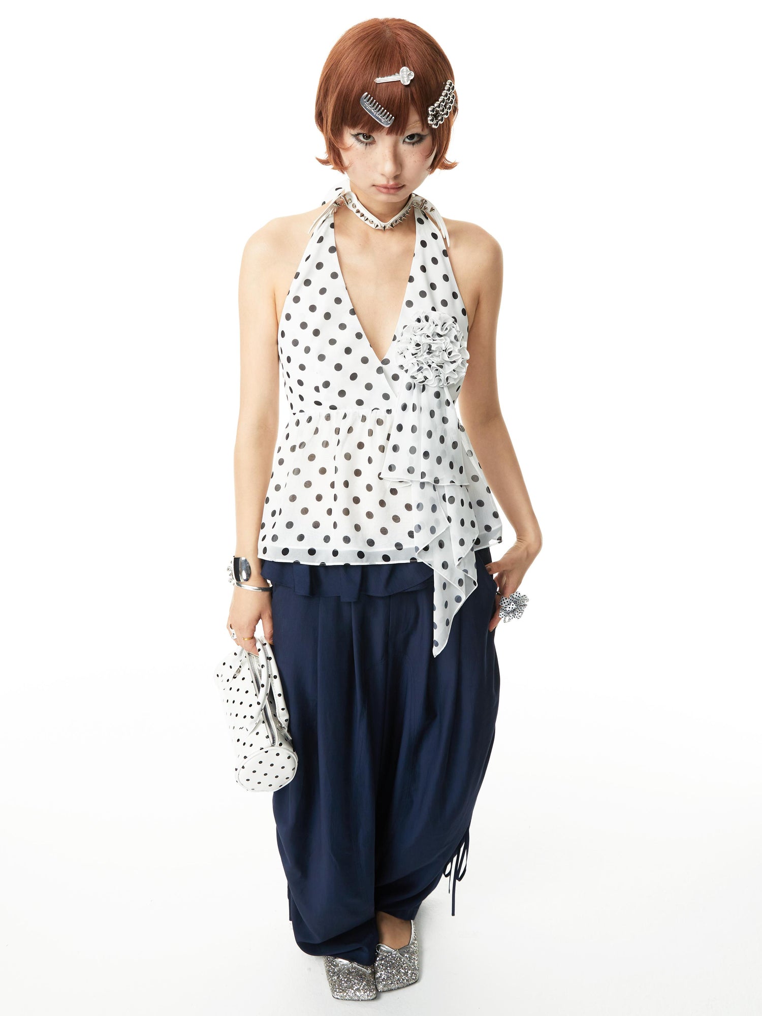 YOSHUYUKI V-Neck Polka Dot Chiffon Halter Top With Floral Lace