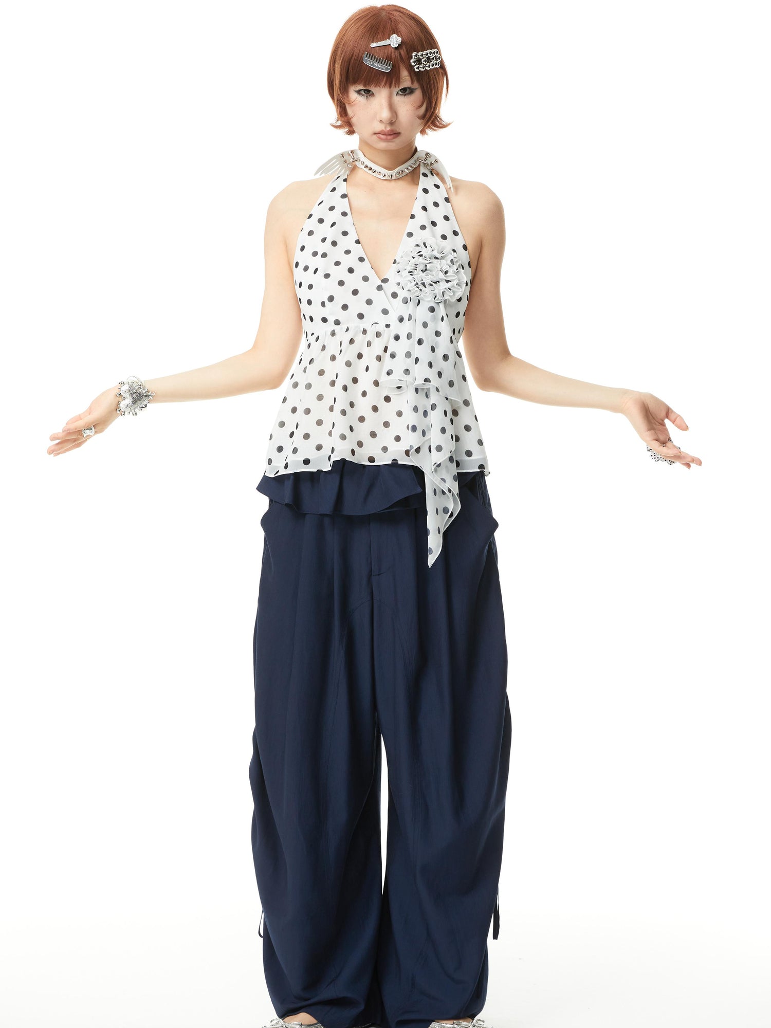 YOSHUYUKI V-Neck Polka Dot Chiffon Halter Top With Floral Lace