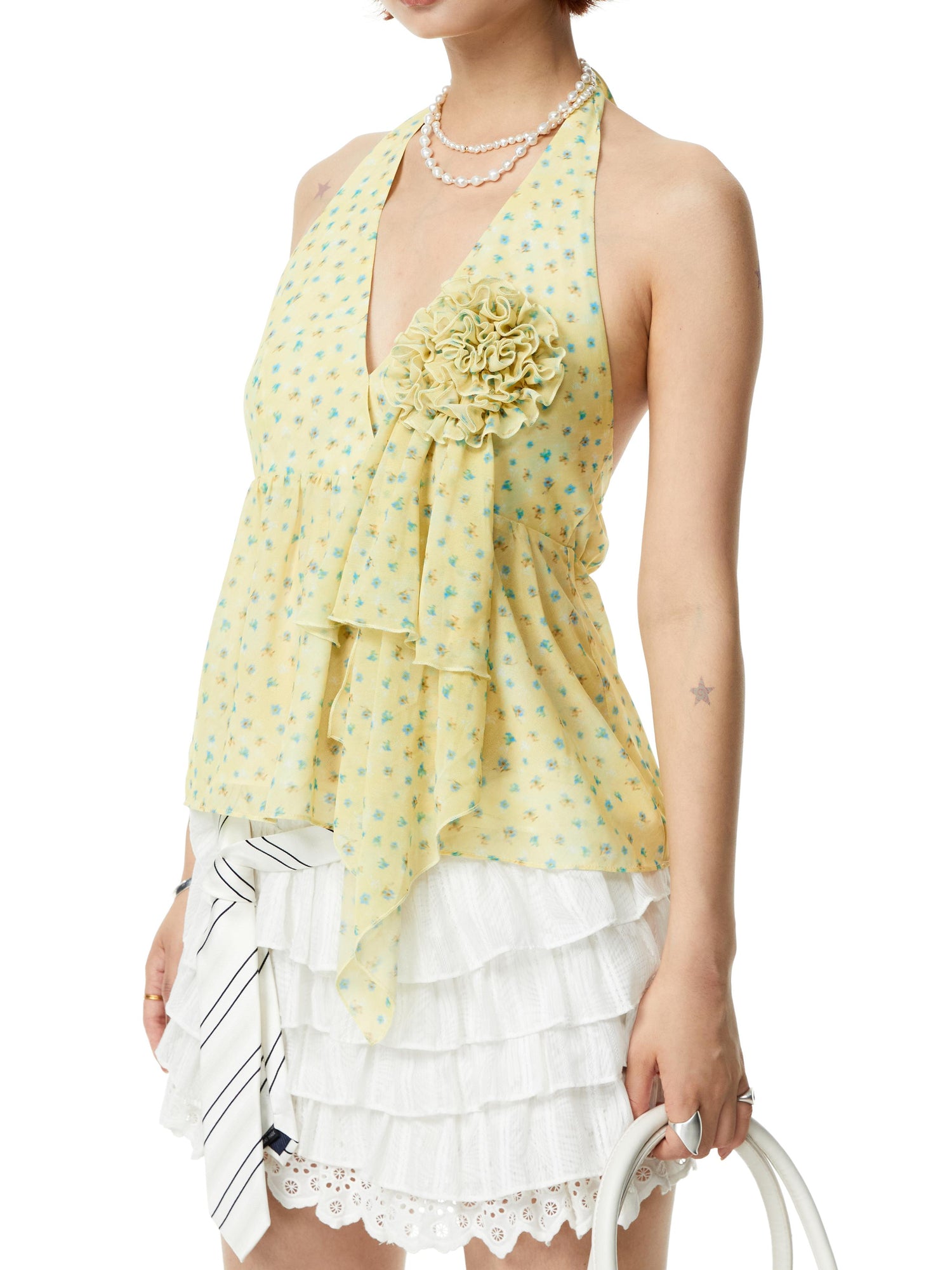YOSHUYUKI V-Neck Polka Dot Chiffon Halter Top With Floral Lace