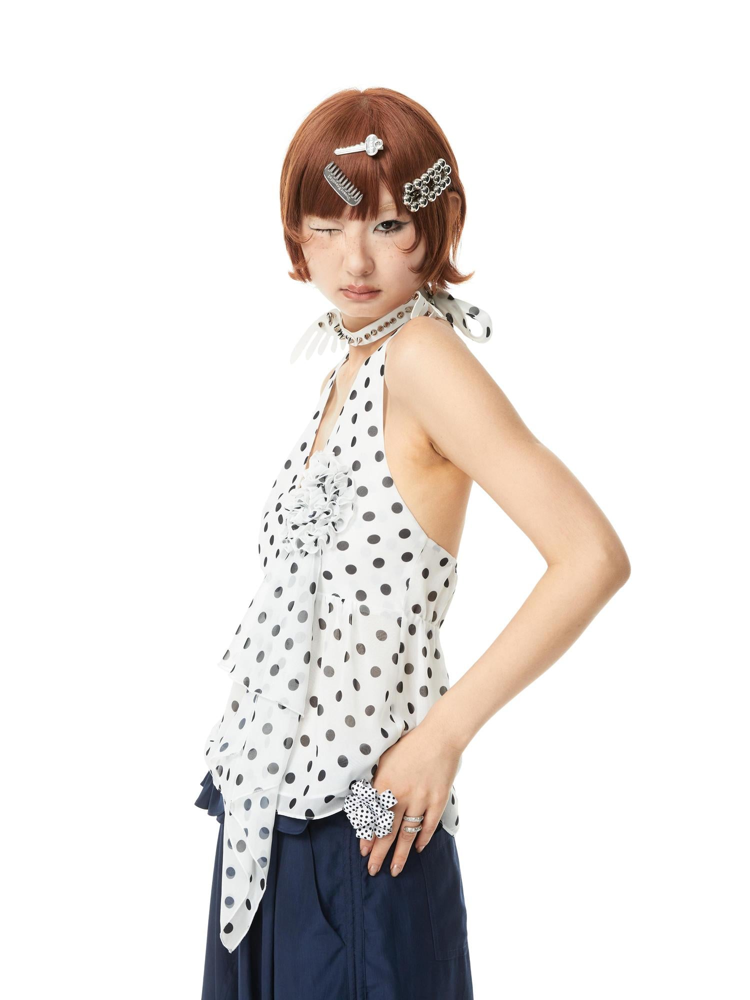 YOSHUYUKI V-Neck Polka Dot Chiffon Halter Top With Floral Lace