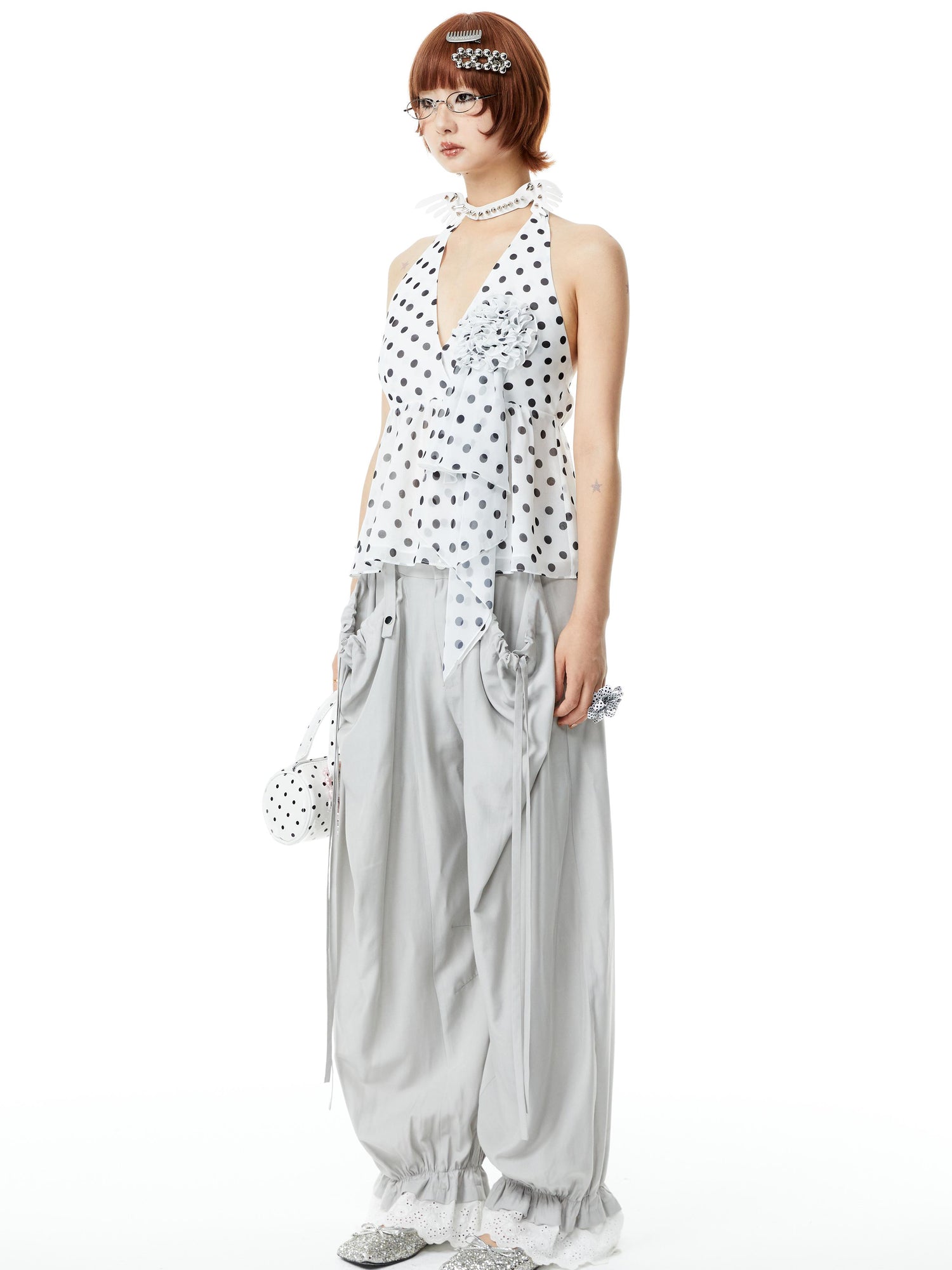 YOSHUYUKI V-Neck Polka Dot Chiffon Halter Top With Floral Lace