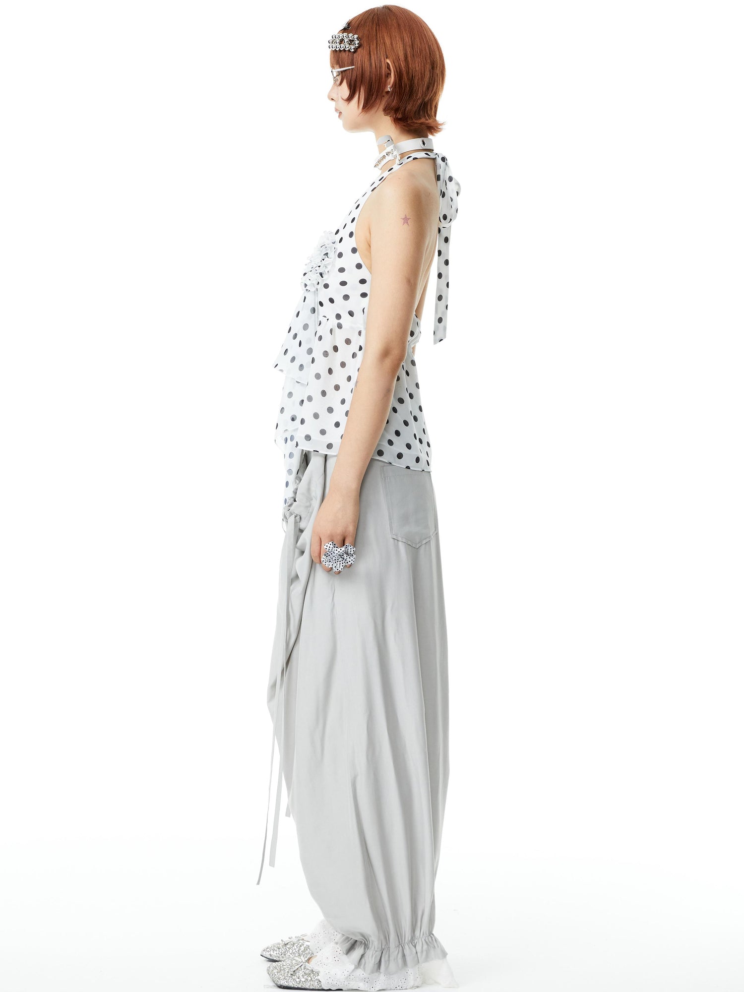 YOSHUYUKI V-Neck Polka Dot Chiffon Halter Top With Floral Lace