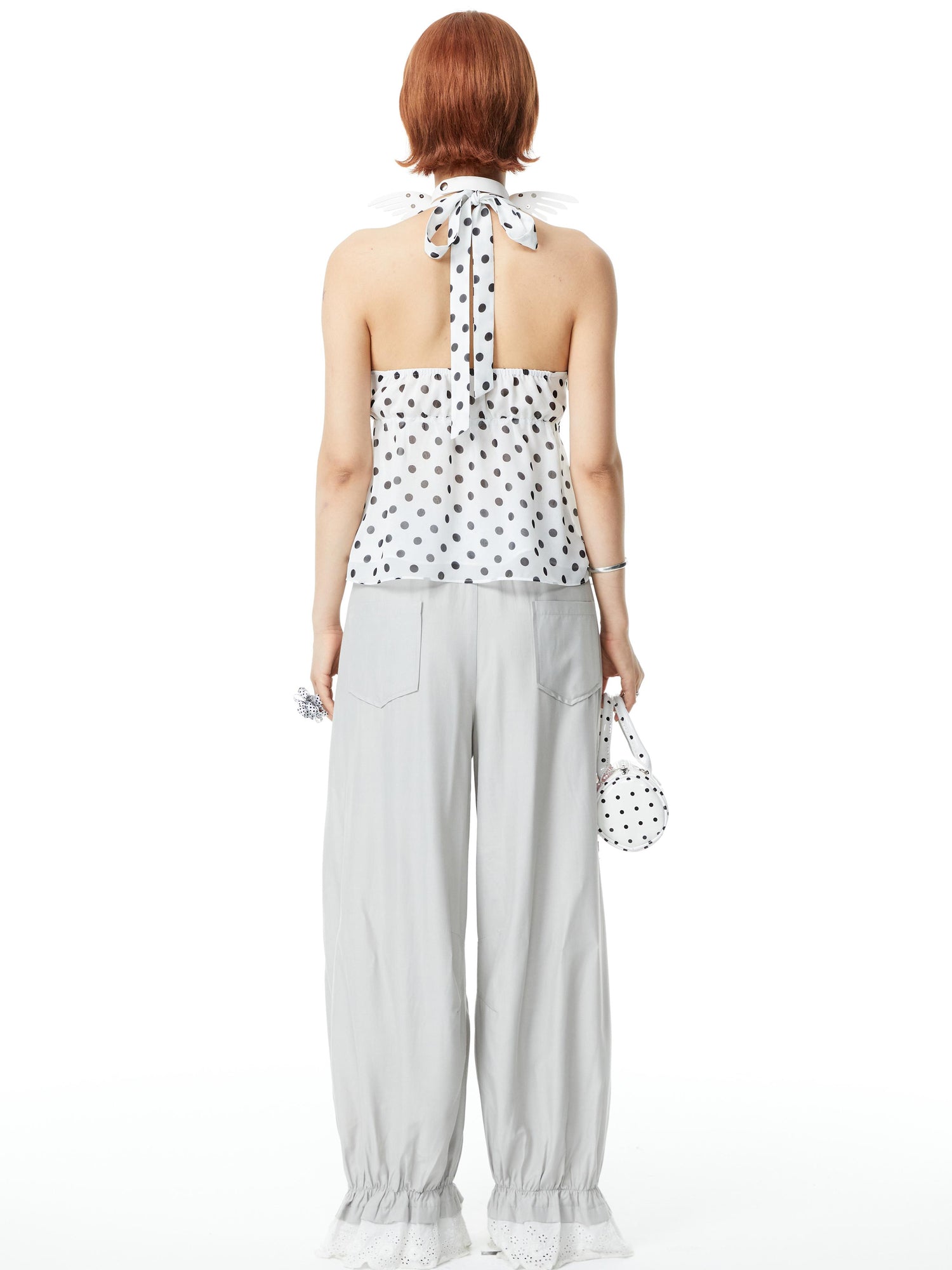 YOSHUYUKI V-Neck Polka Dot Chiffon Halter Top With Floral Lace