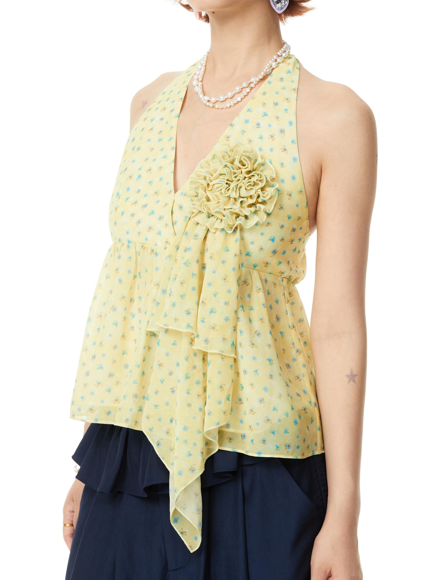 YOSHUYUKI V-Neck Polka Dot Chiffon Halter Top With Floral Lace