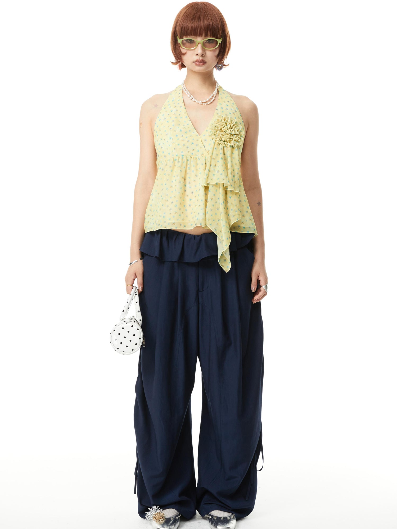 YOSHUYUKI V-Neck Polka Dot Chiffon Halter Top With Floral Lace