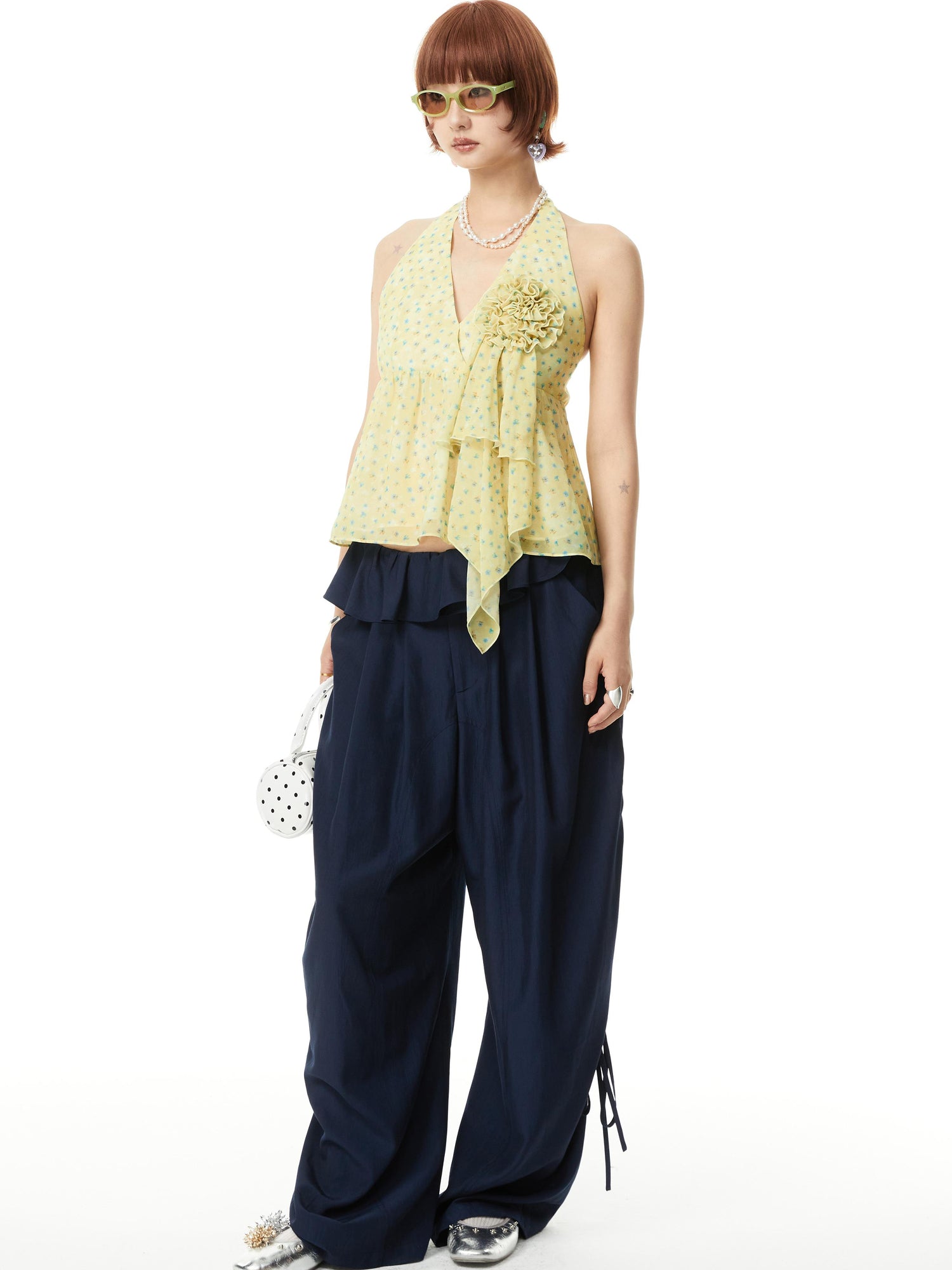 YOSHUYUKI V-Neck Polka Dot Chiffon Halter Top With Floral Lace