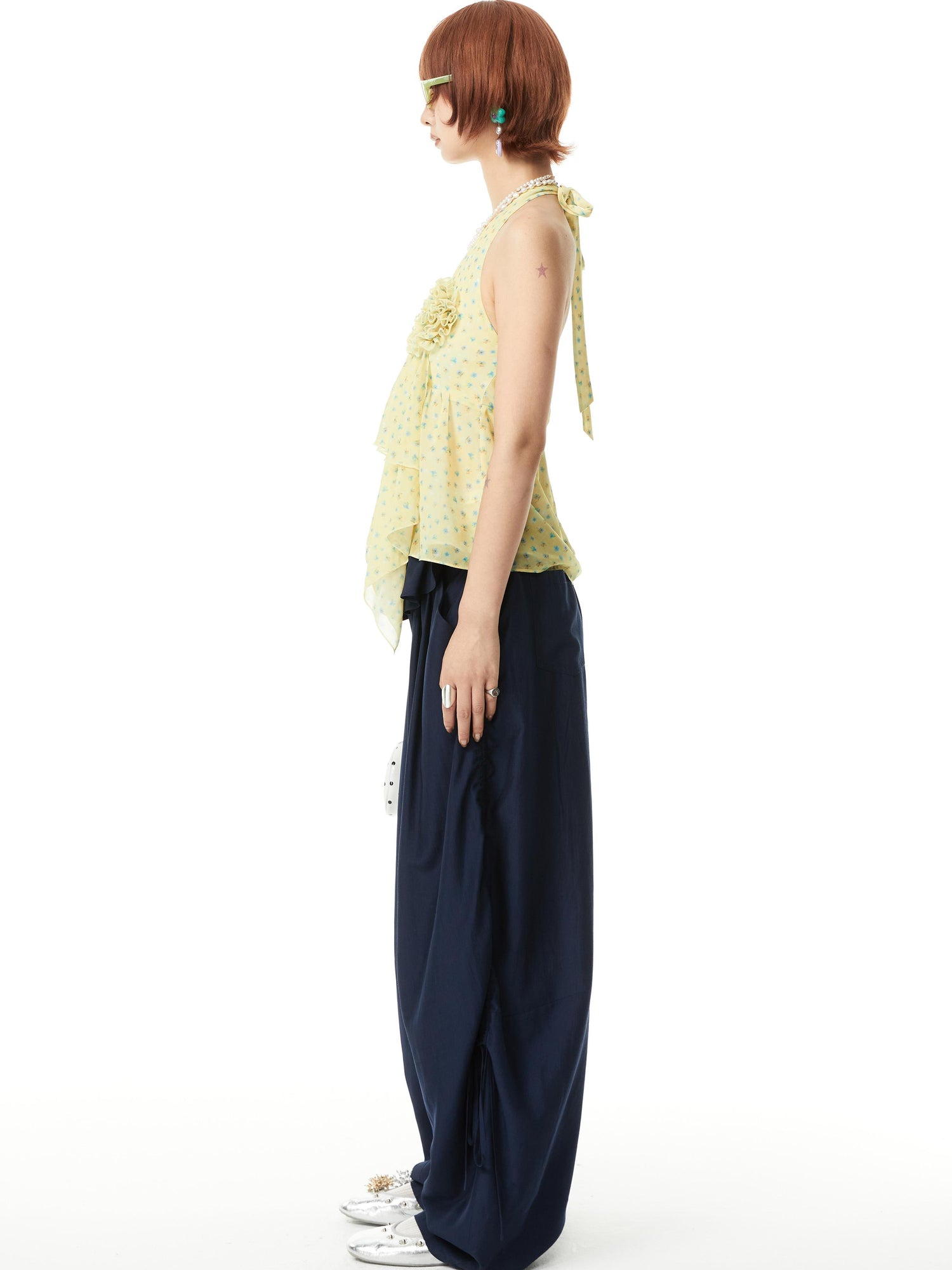 YOSHUYUKI V-Neck Polka Dot Chiffon Halter Top With Floral Lace