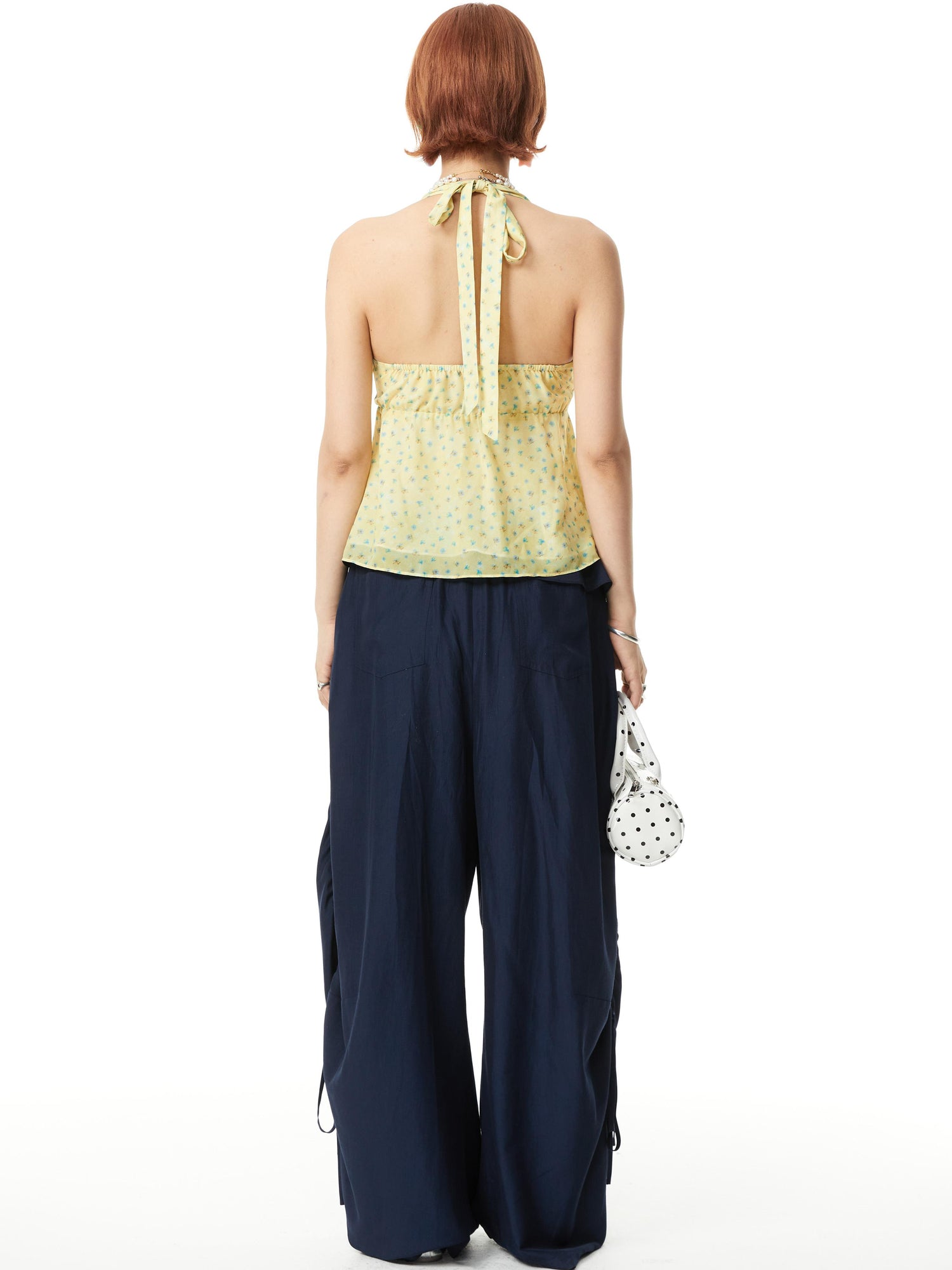 YOSHUYUKI V-Neck Polka Dot Chiffon Halter Top With Floral Lace