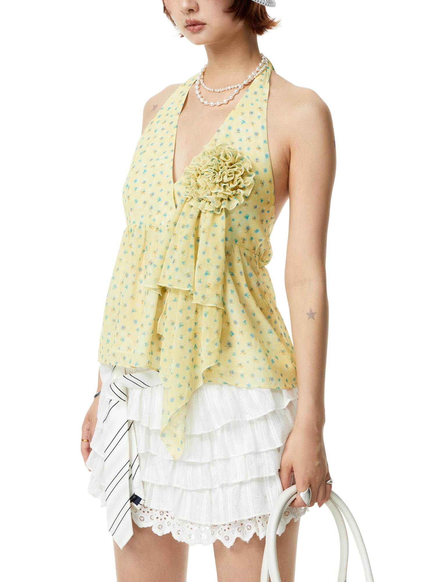 YOSHUYUKI V-Neck Polka Dot Chiffon Halter Top With Floral Lace