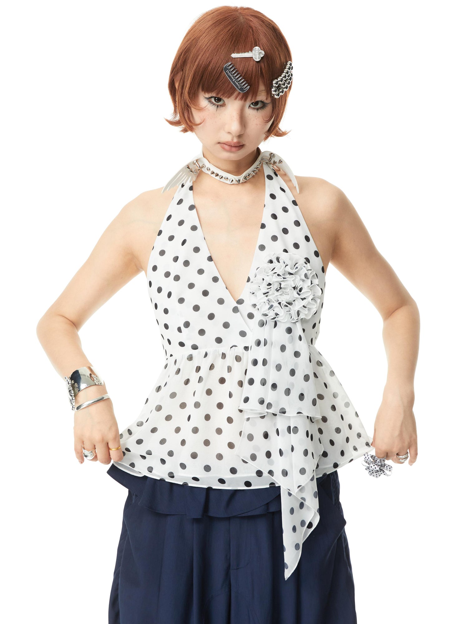 YOSHUYUKI V-Neck Polka Dot Chiffon Halter Top With Floral Lace
