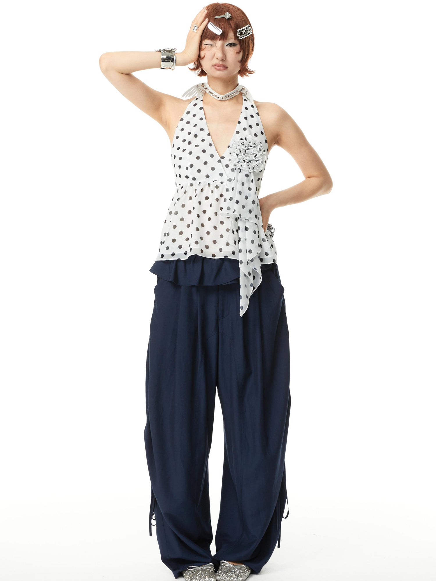 YOSHUYUKI V-Neck Polka Dot Chiffon Halter Top With Floral Lace