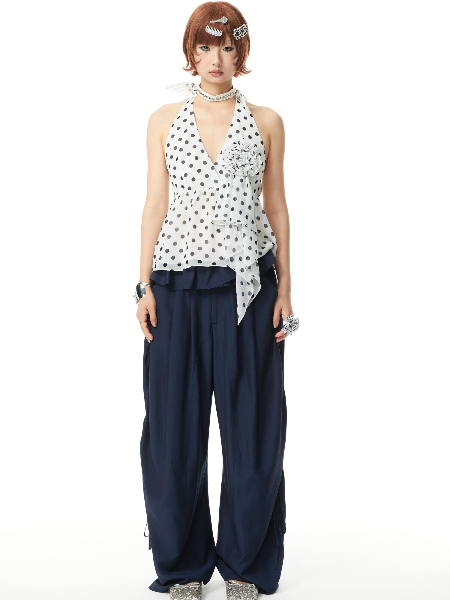 YOSHUYUKI V-Neck Polka Dot Chiffon Halter Top With Floral Lace