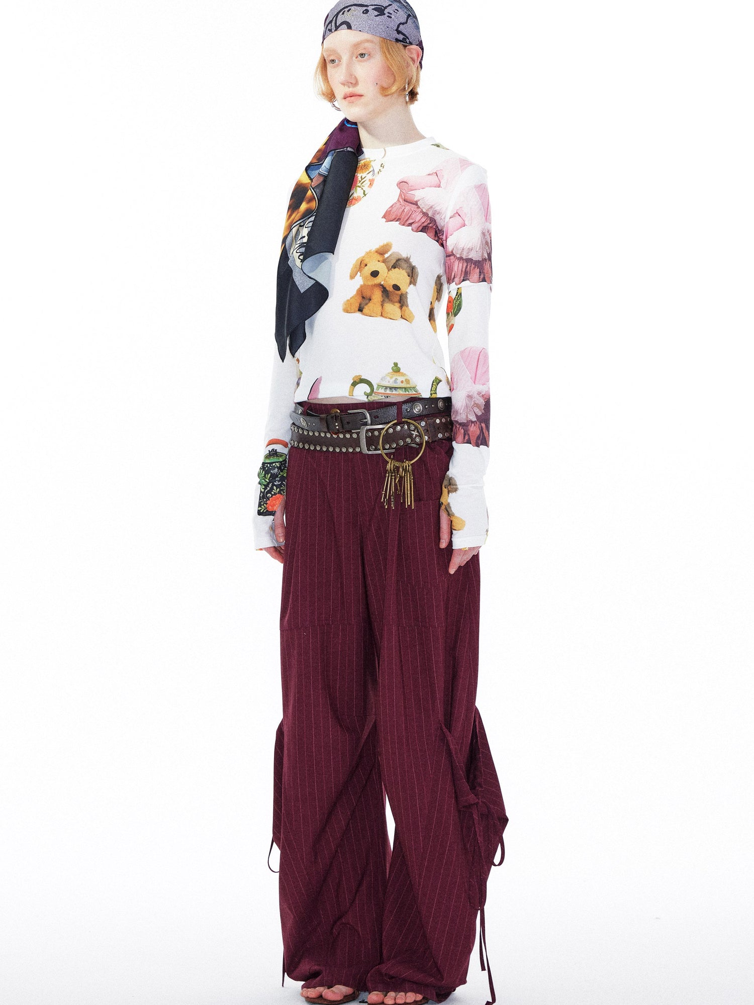YOSHUYUKI V Neck T Shirt Long Sleeve Top With Playful Teapot Motif