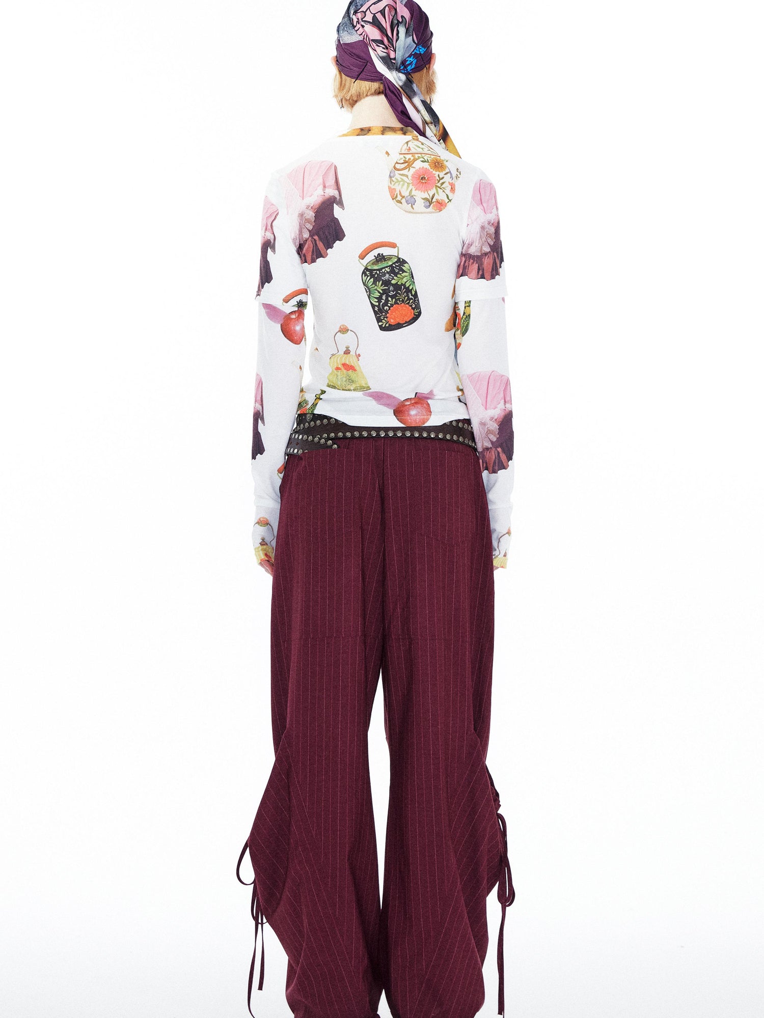 YOSHUYUKI V Neck T Shirt Long Sleeve Top With Playful Teapot Motif