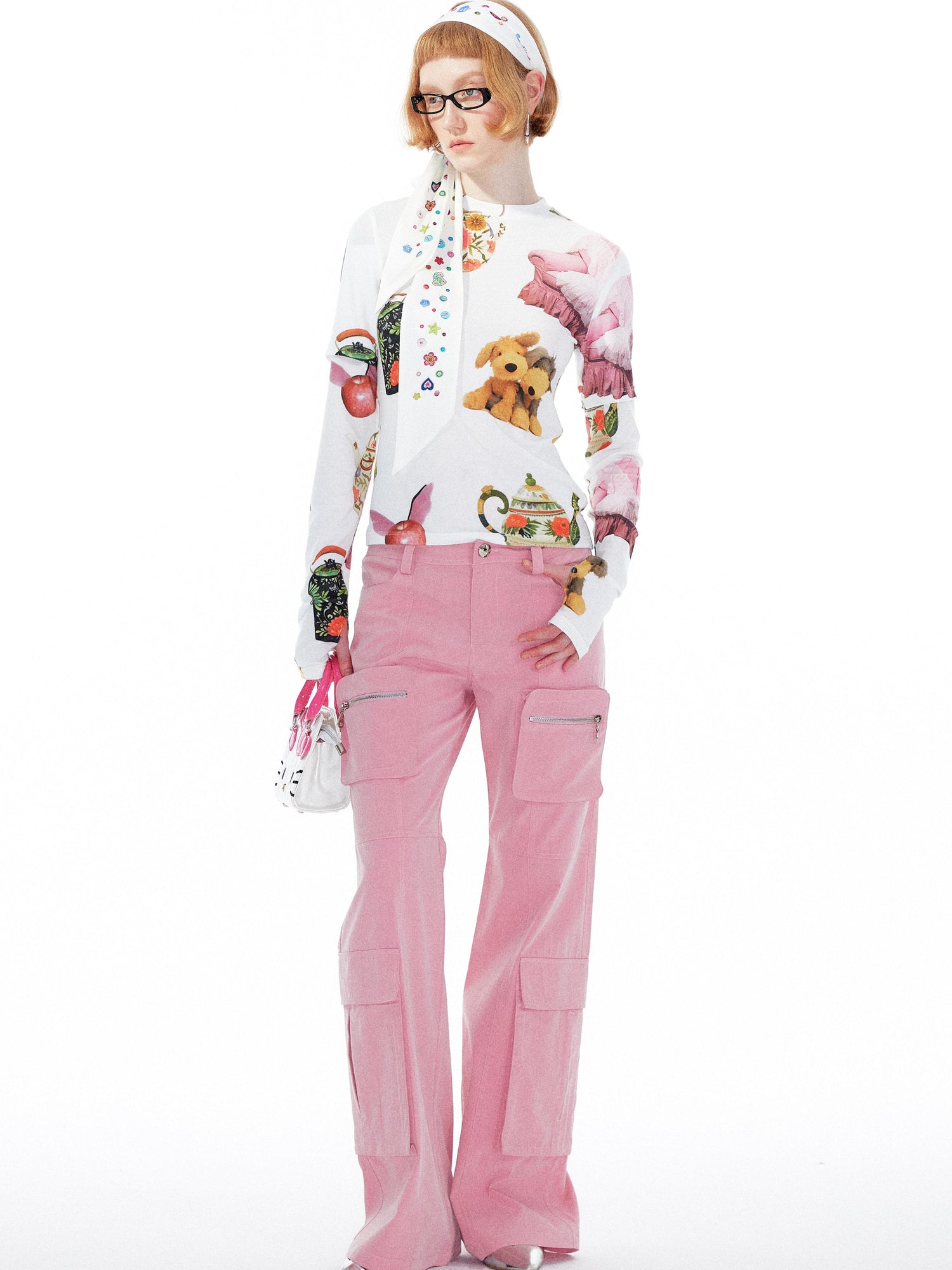 YOSHUYUKI V Neck T Shirt Long Sleeve Top With Playful Teapot Motif