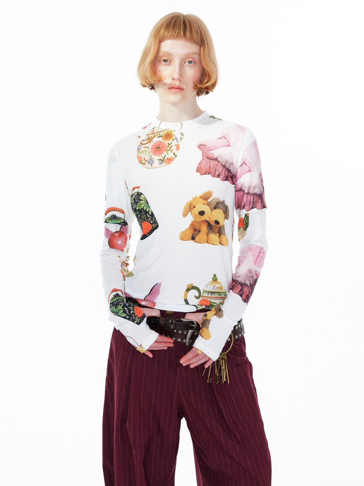YOSHUYUKI V Neck T Shirt Long Sleeve Top With Playful Teapot Motif