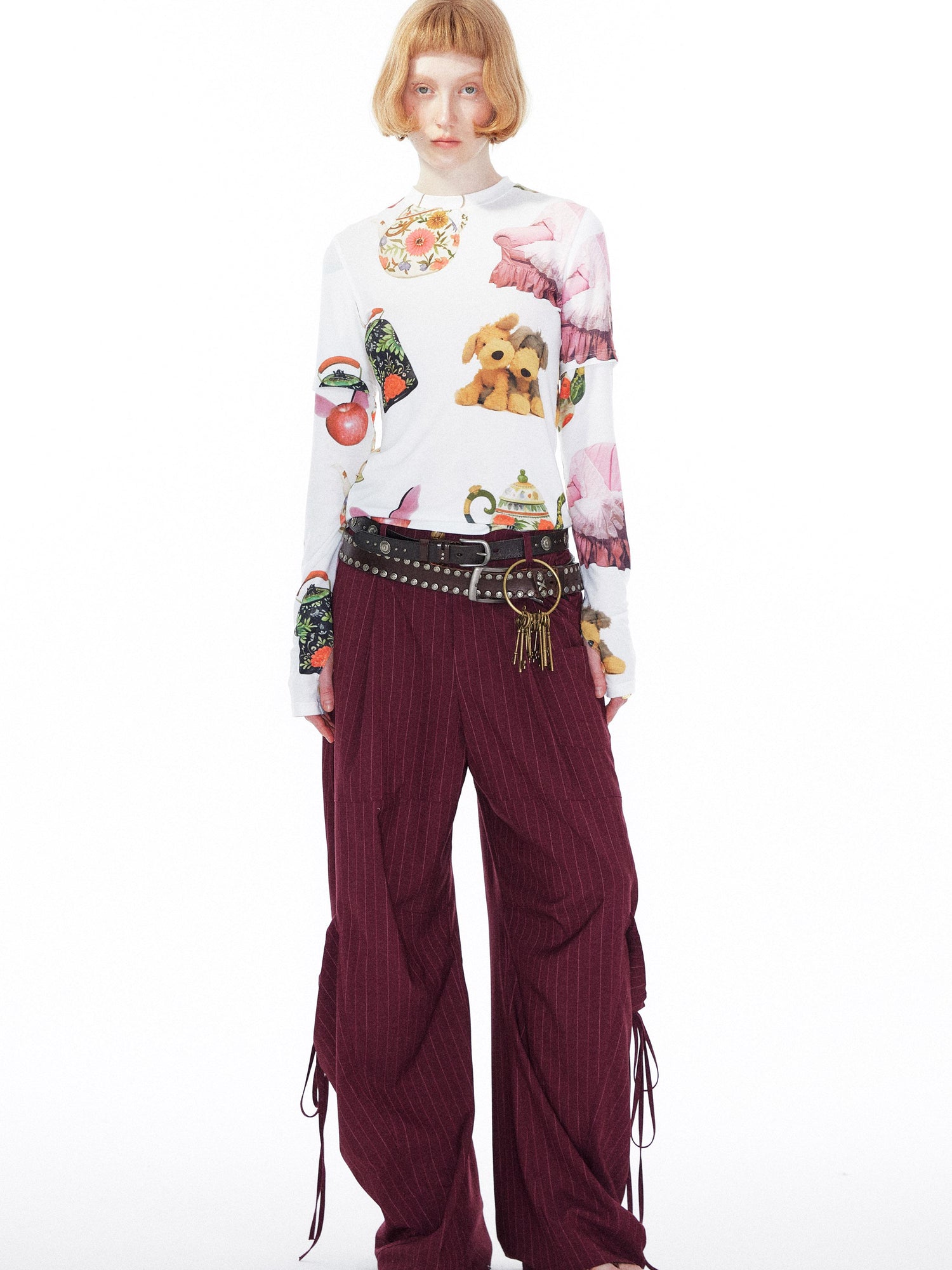 YOSHUYUKI V Neck T Shirt Long Sleeve Top With Playful Teapot Motif