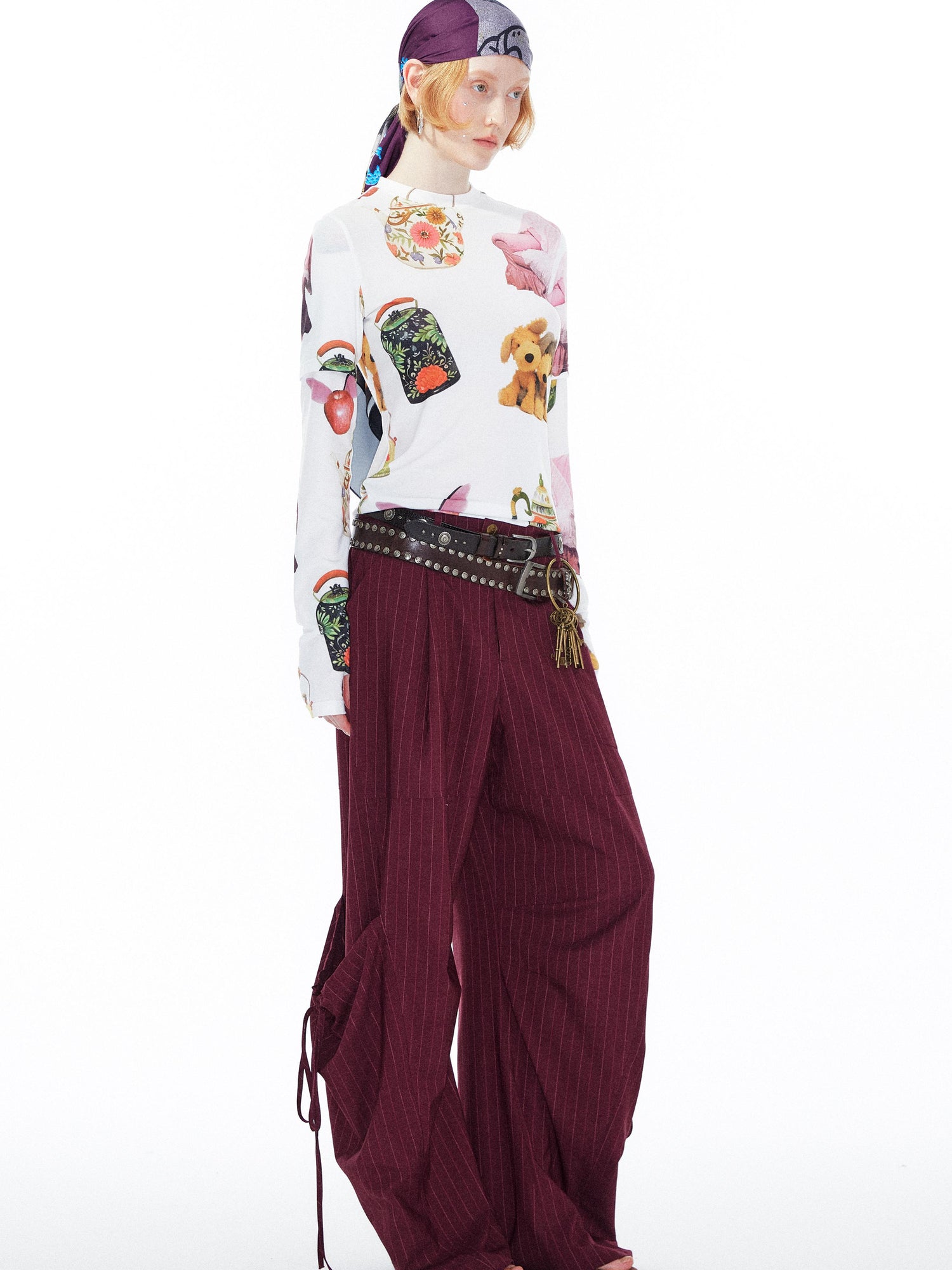 YOSHUYUKI V Neck T Shirt Long Sleeve Top With Playful Teapot Motif