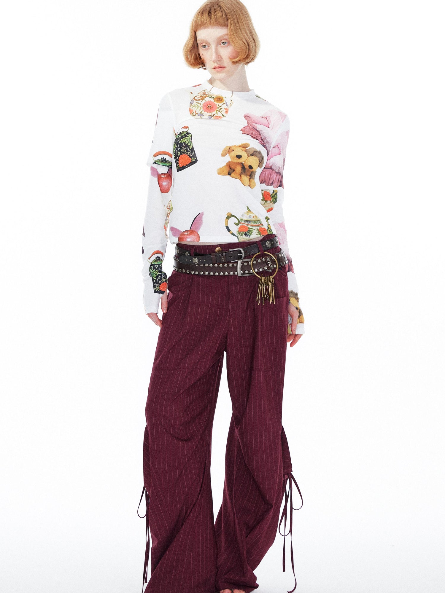 YOSHUYUKI V Neck T Shirt Long Sleeve Top With Playful Teapot Motif