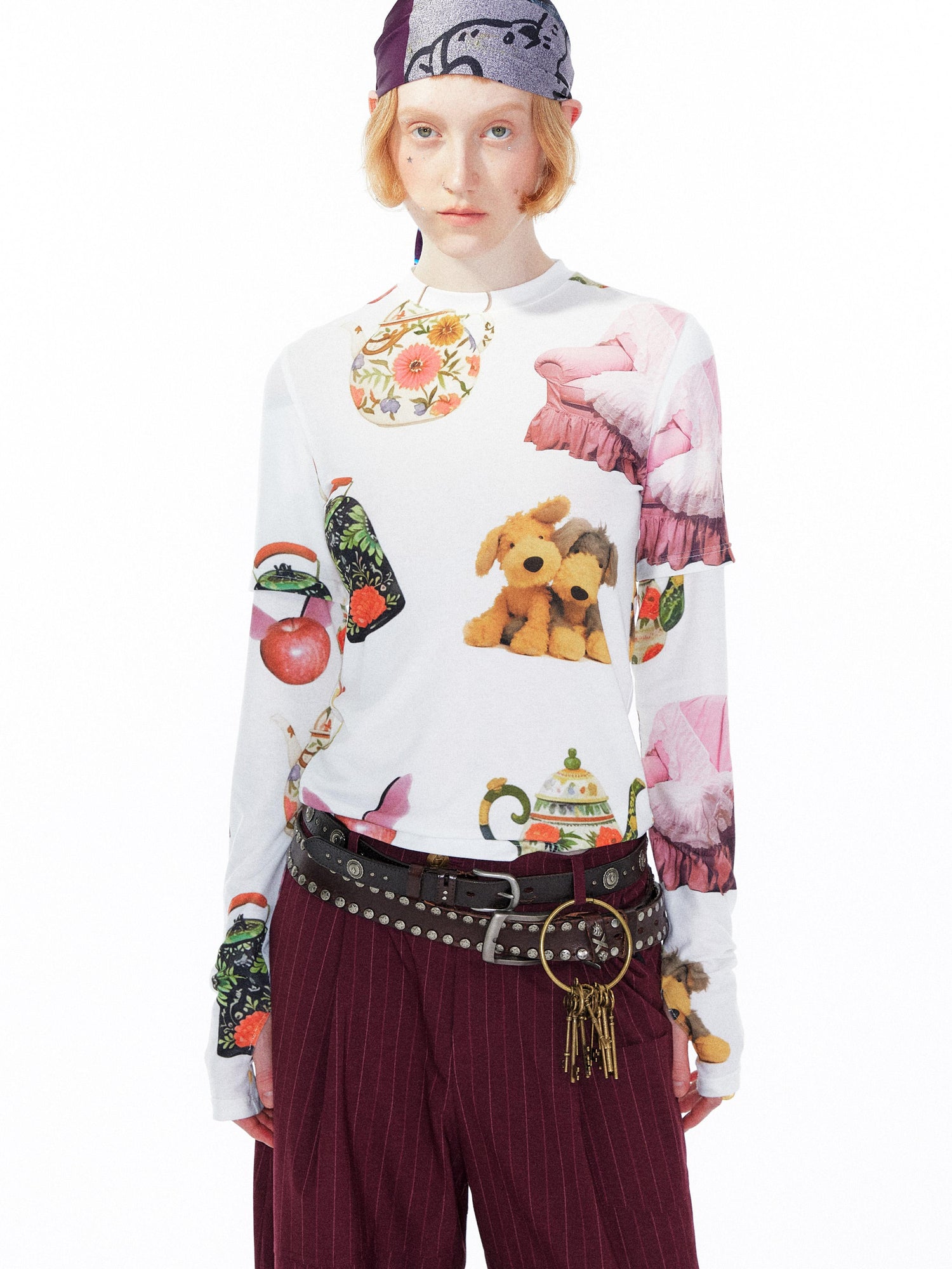 YOSHUYUKI V Neck T Shirt Long Sleeve Top With Playful Teapot Motif