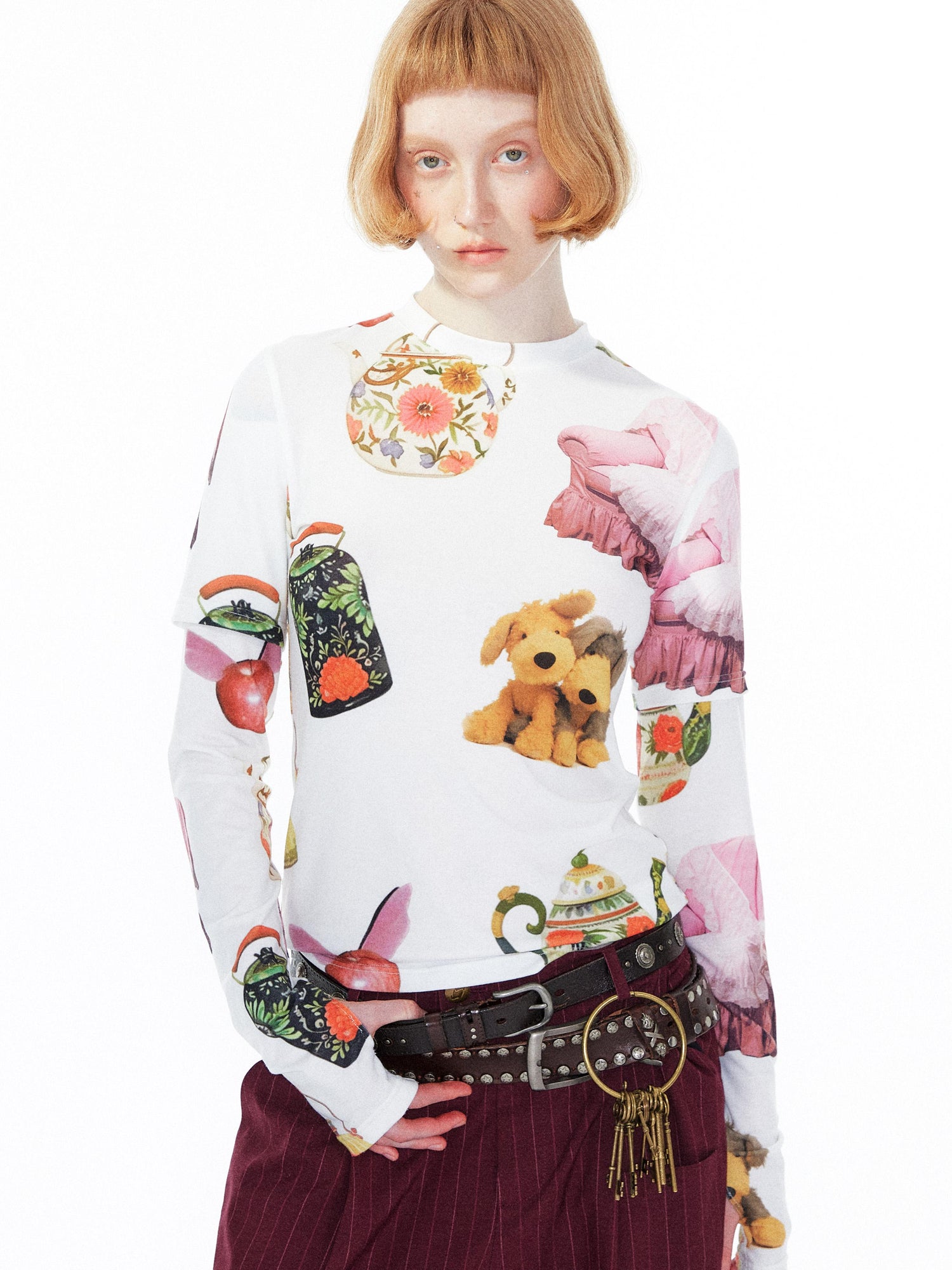 YOSHUYUKI V Neck T Shirt Long Sleeve Top With Playful Teapot Motif