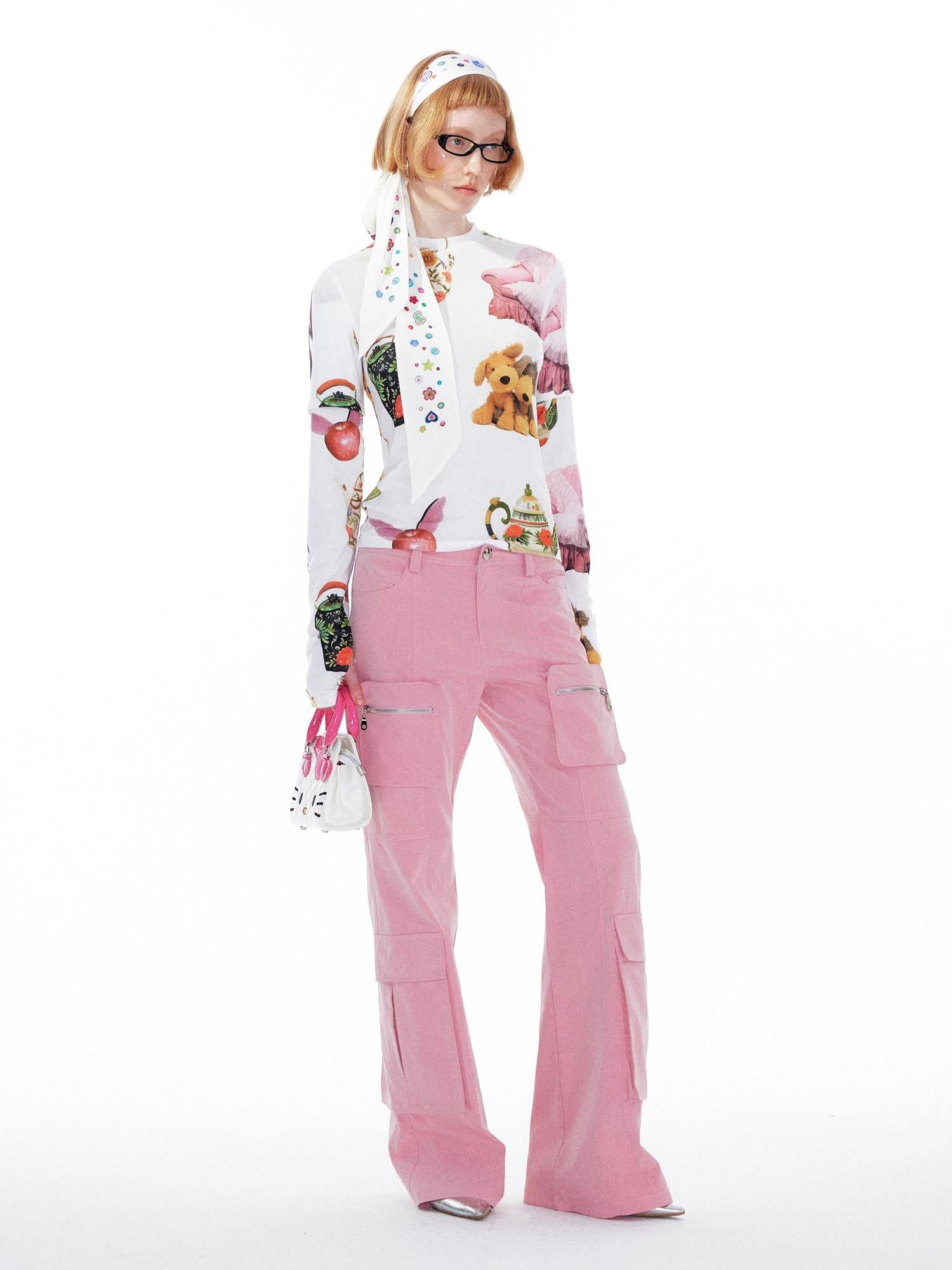 YOSHUYUKI V Neck T Shirt Long Sleeve Top With Playful Teapot Motif
