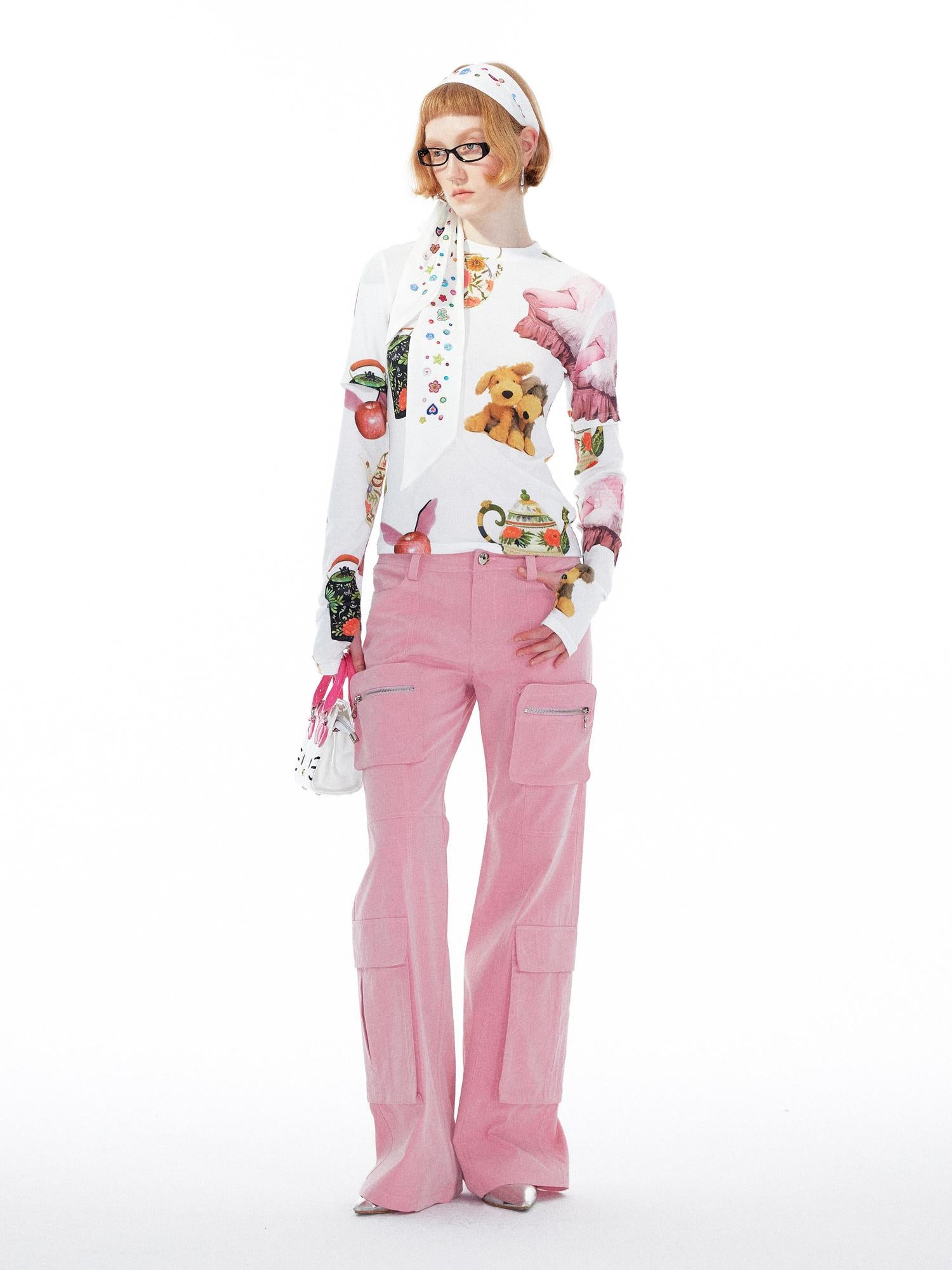 YOSHUYUKI V Neck T Shirt Long Sleeve Top With Playful Teapot Motif
