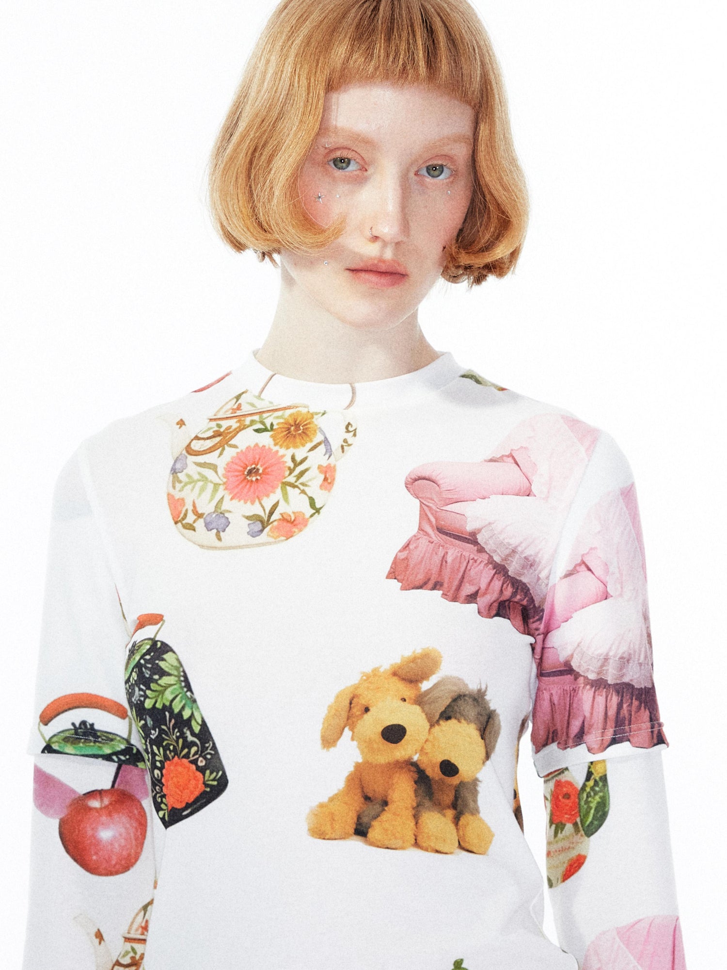 YOSHUYUKI V Neck T Shirt Long Sleeve Top With Playful Teapot Motif