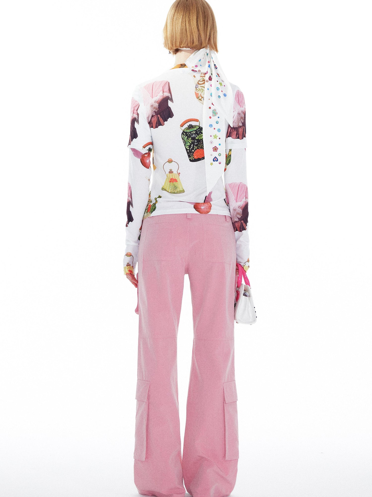 YOSHUYUKI V Neck T Shirt Long Sleeve Top With Playful Teapot Motif