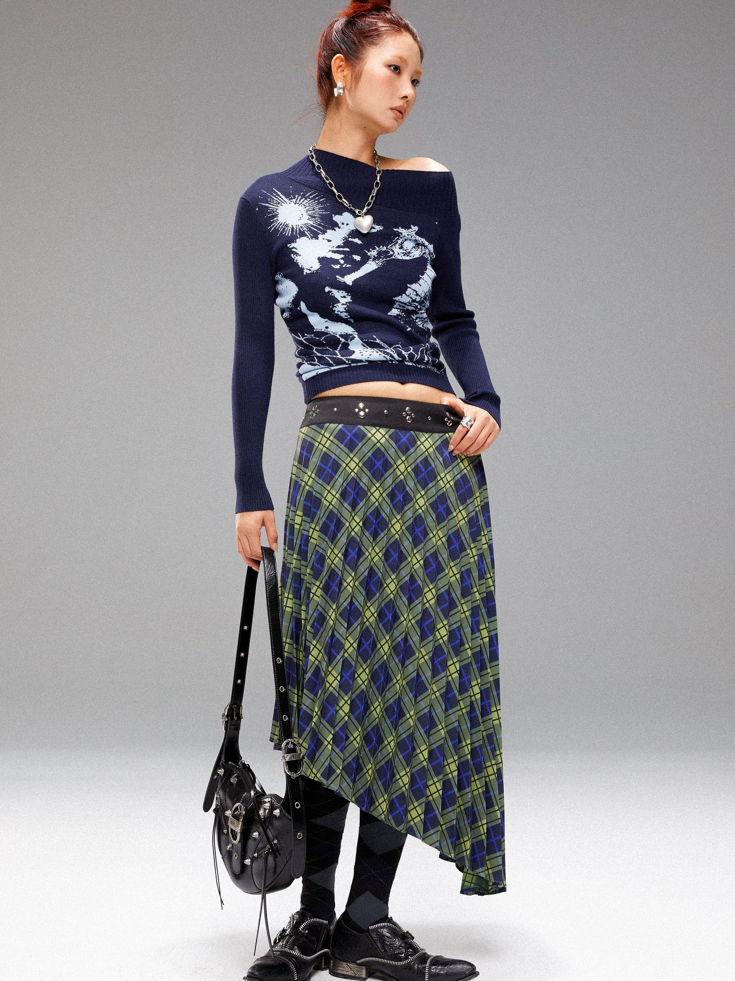 YOSHUYUKI Vintage Blue Green Tartan Skirt with Studded Waist Asymmetrical Hem