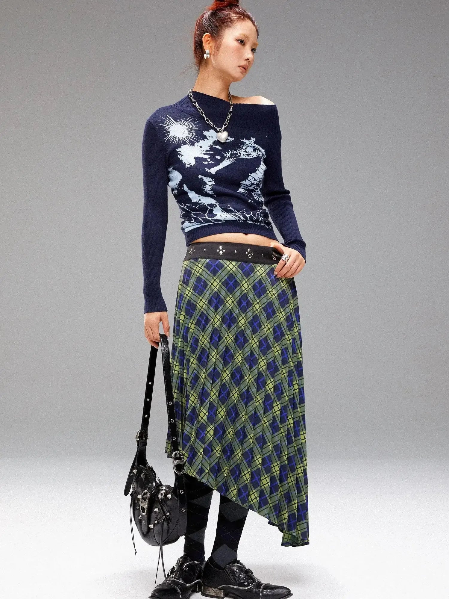 Vintage Blue Green Tartan Skirt with Studded Waist Asymmetrical Hem
