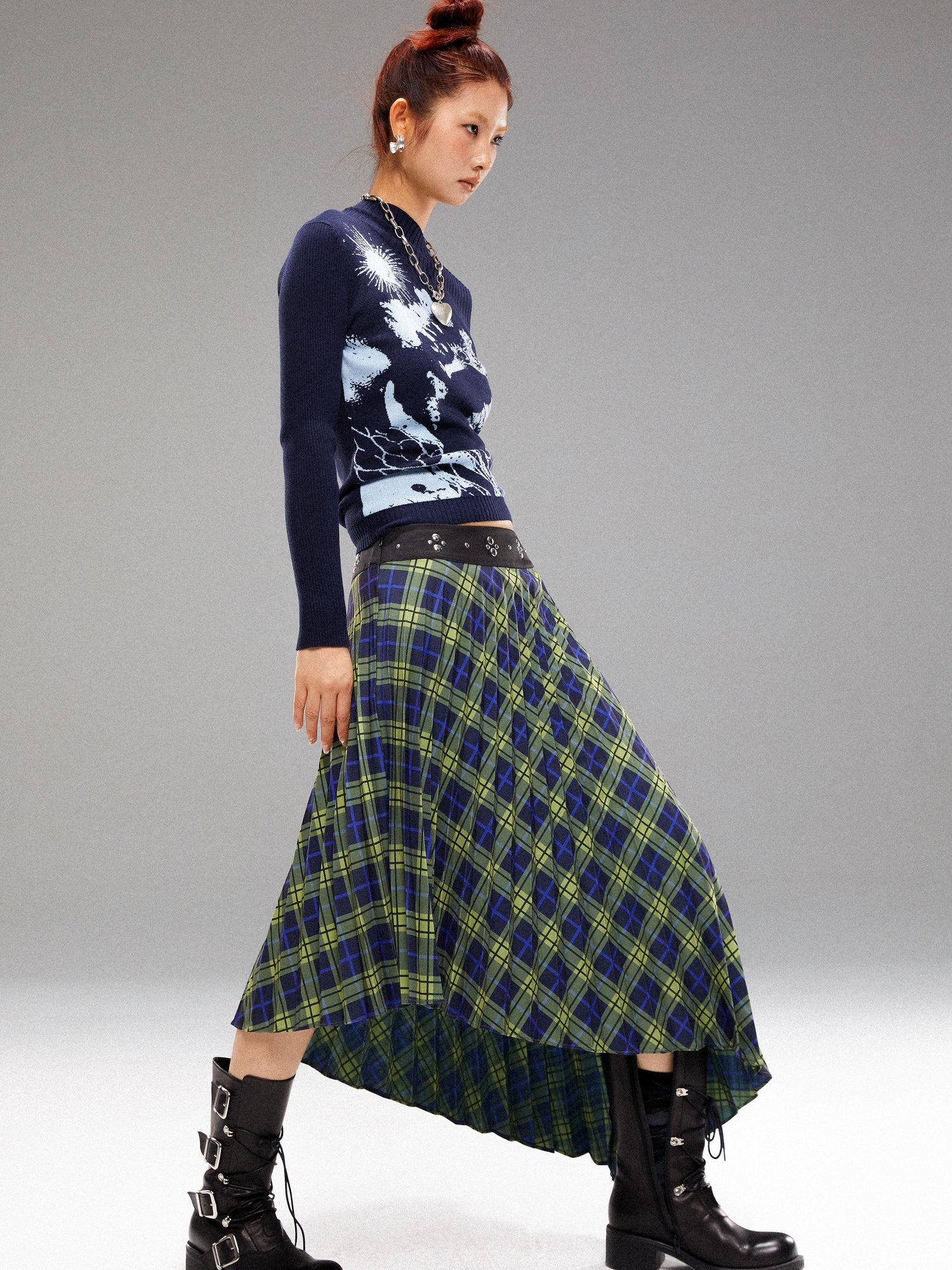 YOSHUYUKI Vintage Blue Green Tartan Skirt with Studded Waist Asymmetrical Hem