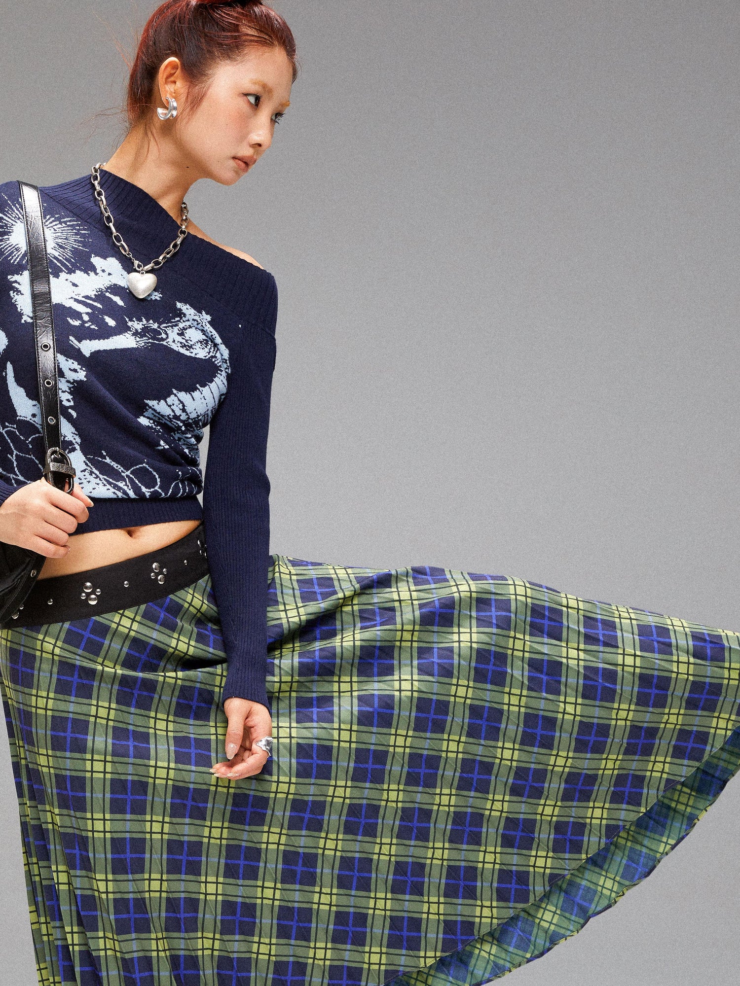 YOSHUYUKI Vintage Blue Green Tartan Skirt with Studded Waist Asymmetrical Hem