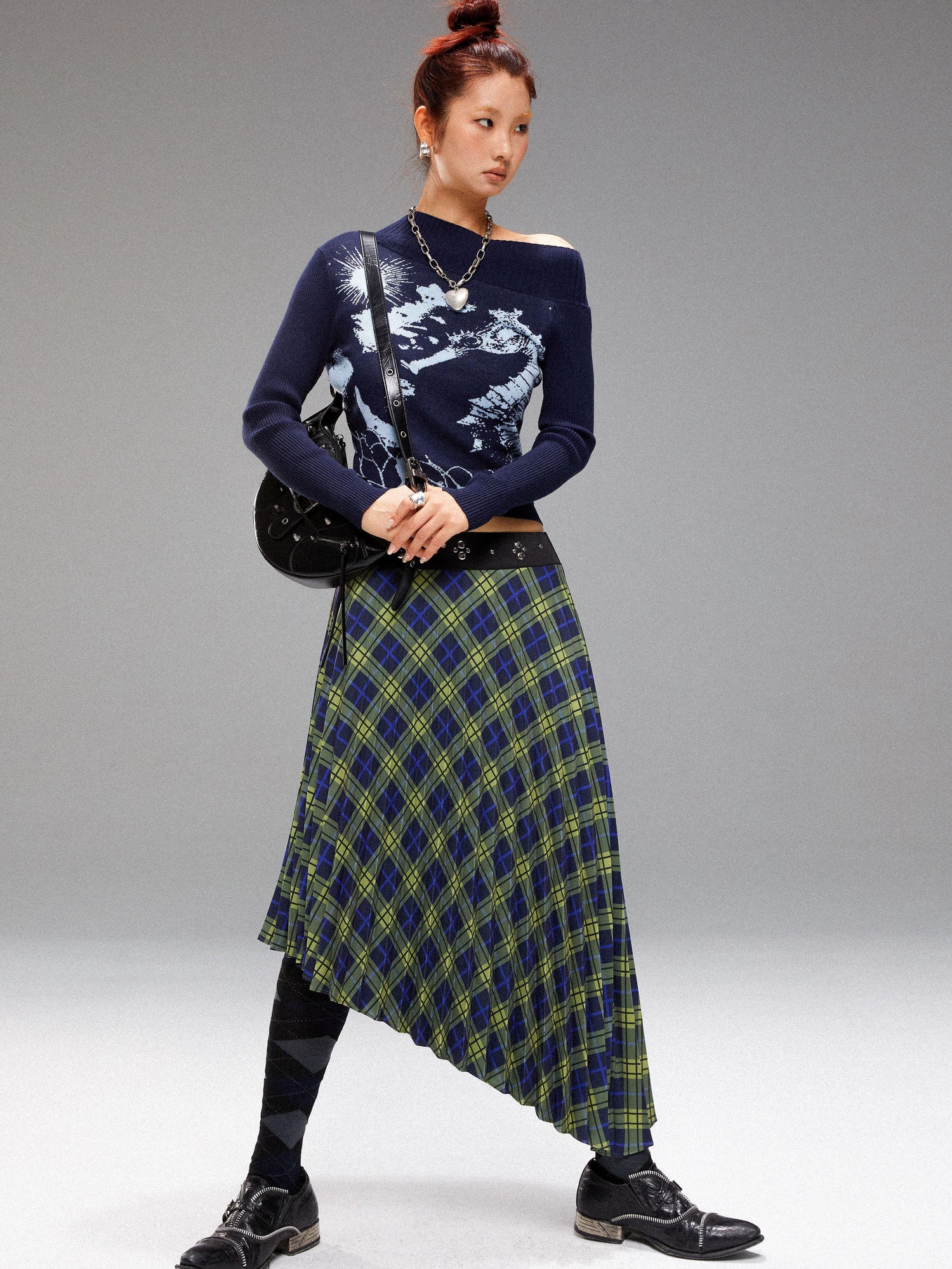 YOSHUYUKI Vintage Blue Green Tartan Skirt with Studded Waist Asymmetrical Hem