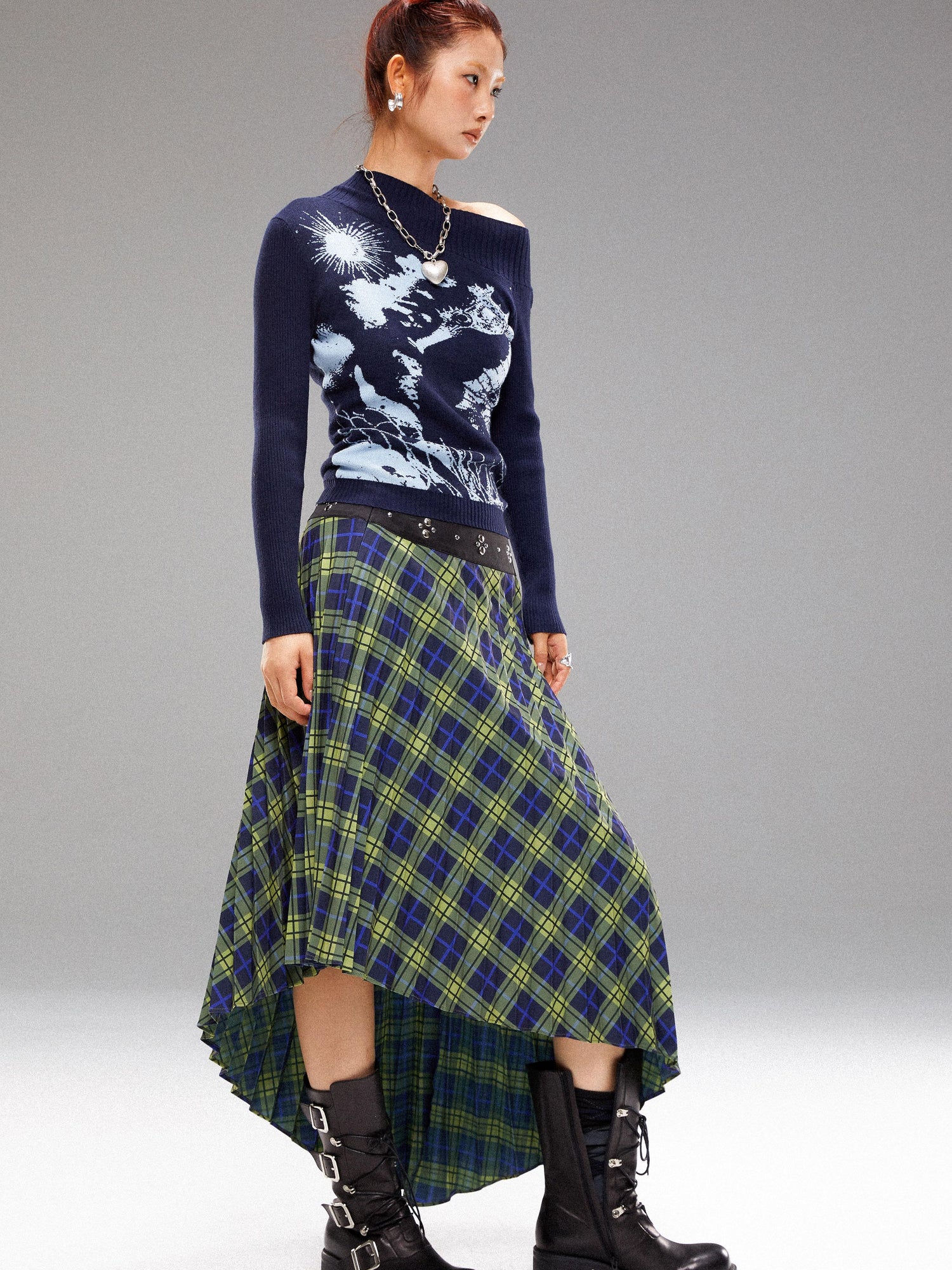 YOSHUYUKI Vintage Blue Green Tartan Skirt with Studded Waist Asymmetrical Hem
