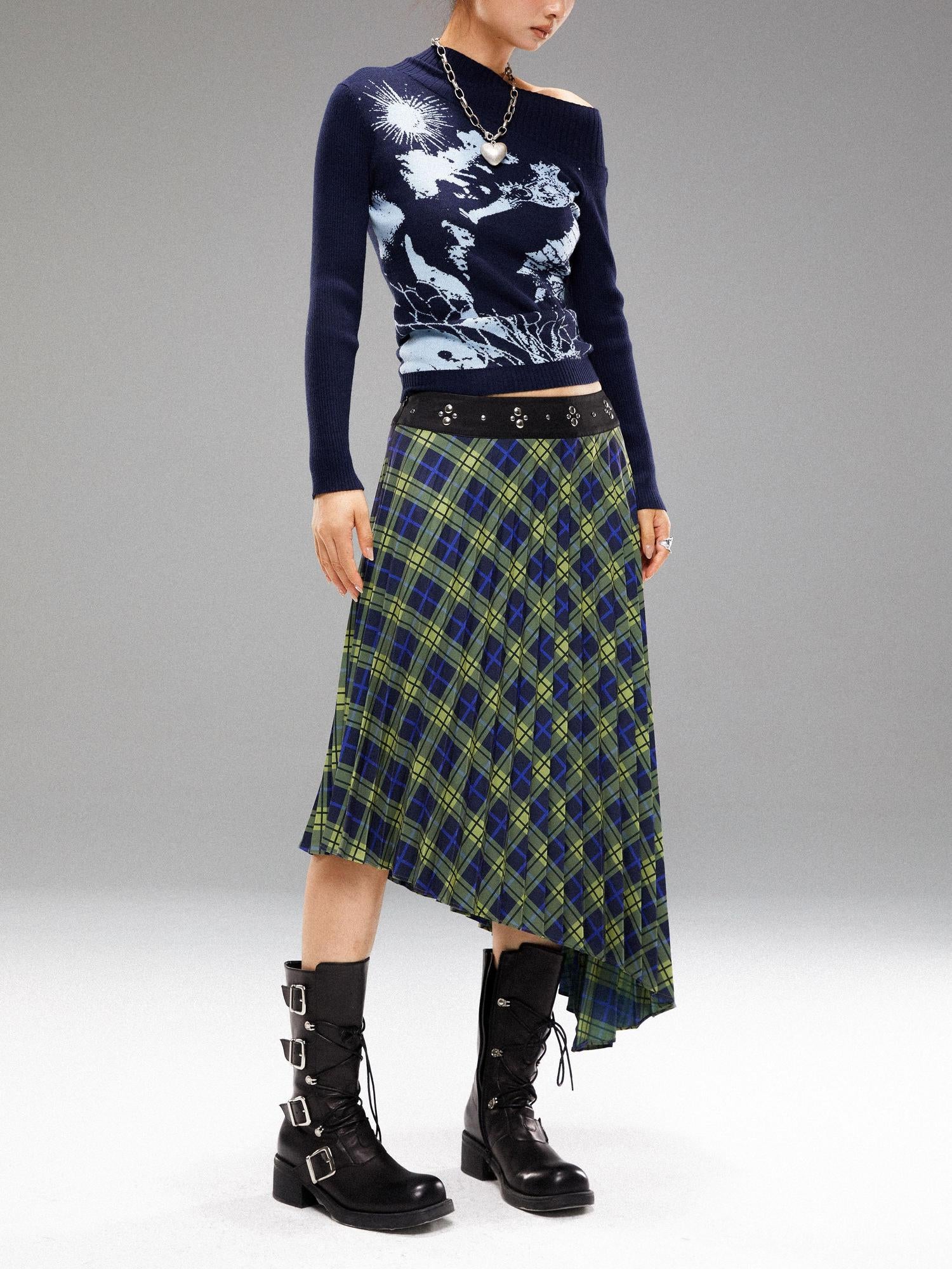 YOSHUYUKI Vintage Blue Green Tartan Skirt with Studded Waist Asymmetrical Hem